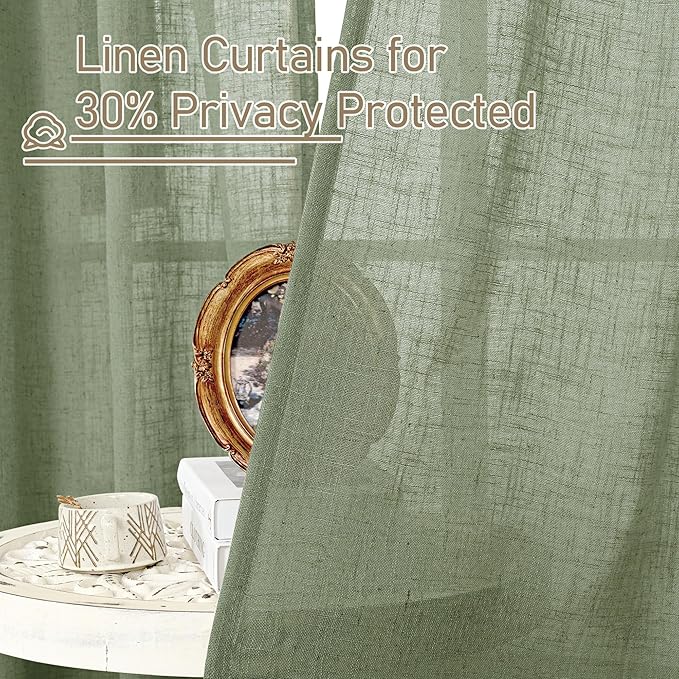 LAMIT Linen Semi Sheer Curtains 96 inches Long 2 Panels Set, Light Filtering Panels Back Tab and Rod Pocket Floor to Ceiling Curtains for Bedroom/Living Room, Sage Green, 52 x 96 Inch