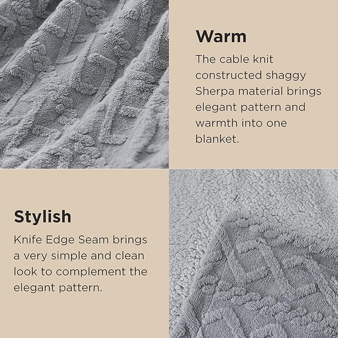 Bedsure Sherpa Fleece Blanket Twin Size for Bed - GentleSoft Fluffy & Cozy Cable Jacquard Tufted for Women Gift, Thick and Warm Blankets for Winter, Grey, 60x80 Inches