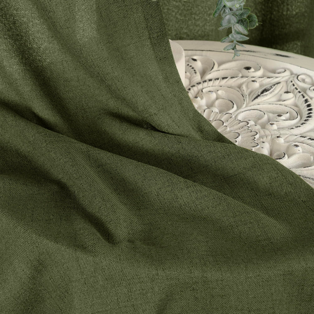 Olive Green Linen Kitchen Curtains 36 Inch Length (2 Count)