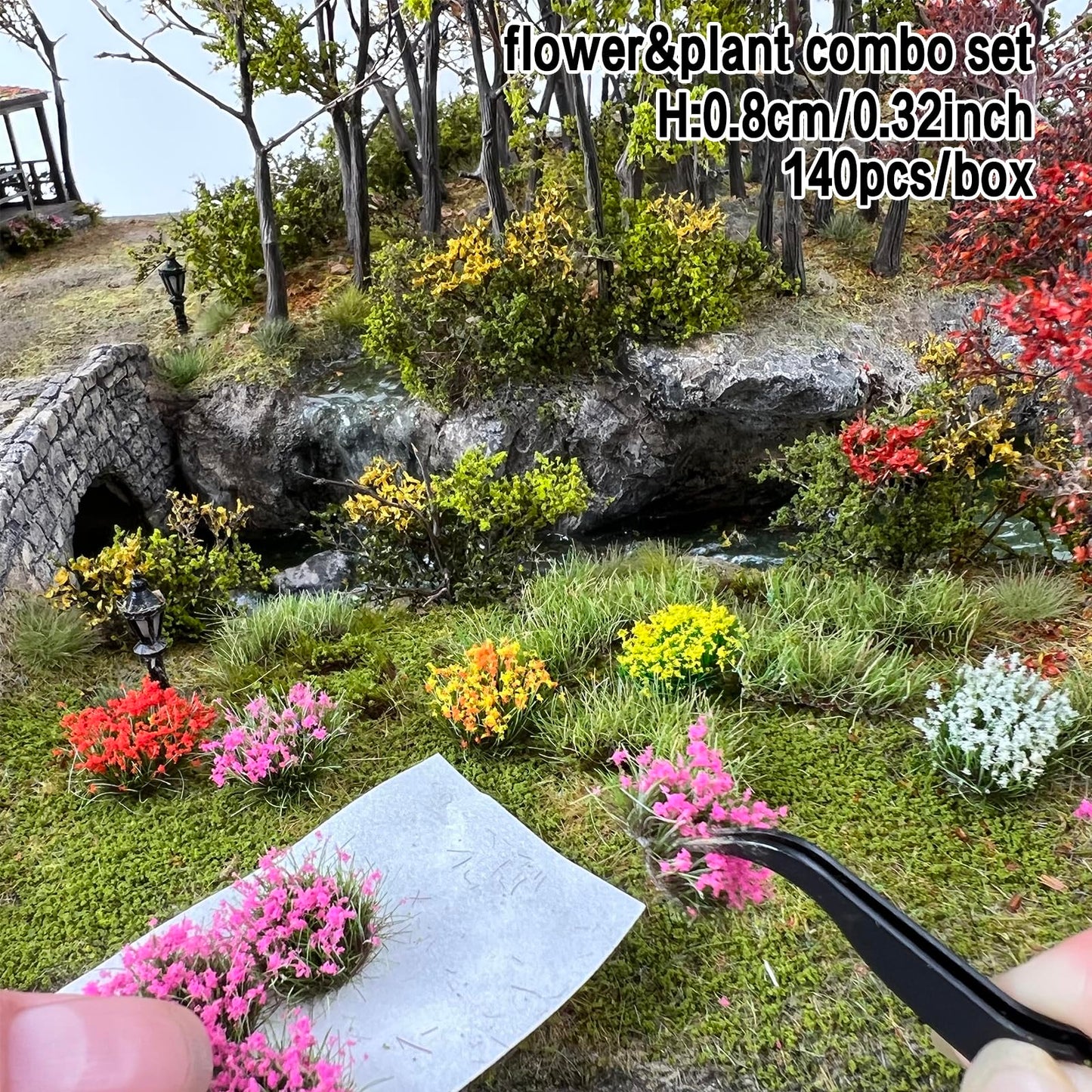 ZZZ SAN ZHI 140-Piece Mixed Grass & Flower Tufts Miniature Scenery Set, for Diorama Railway Train Car Model Landscape Decoration