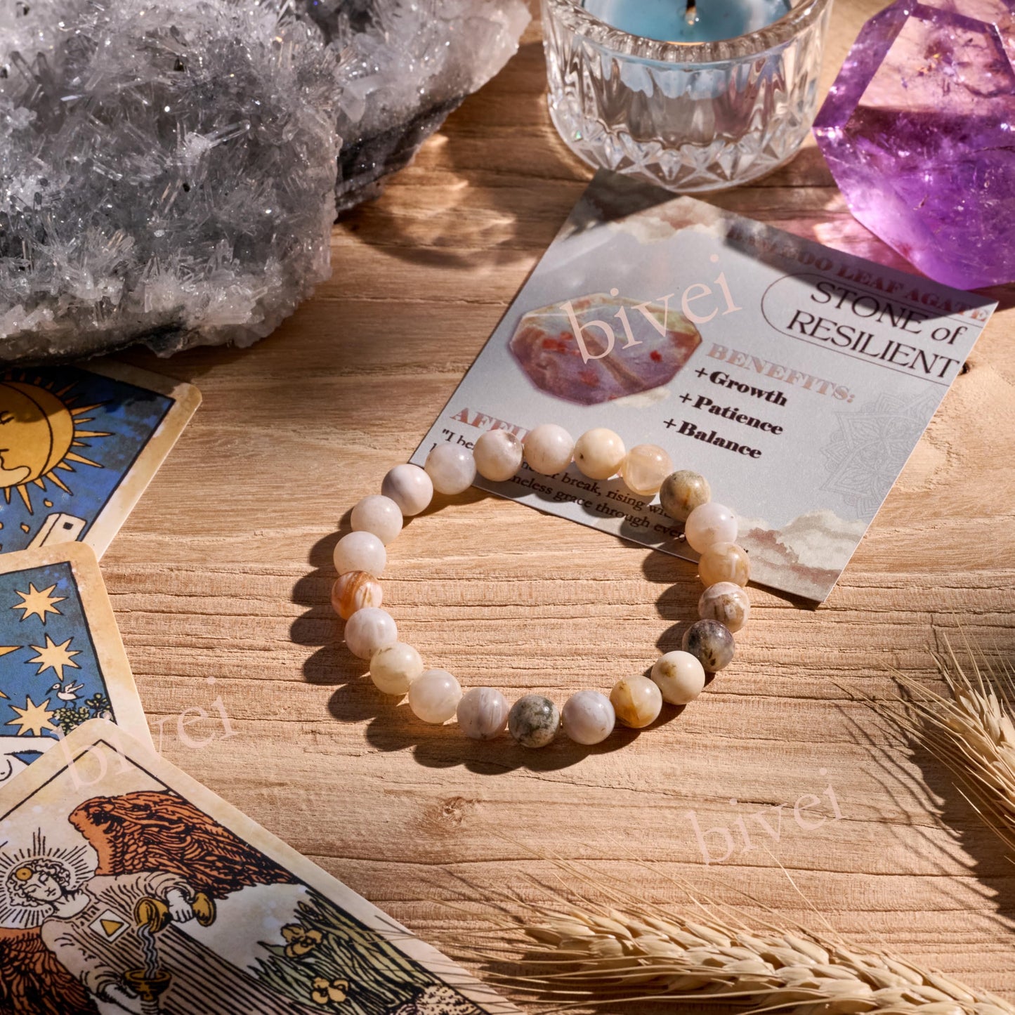 Bamboo Leaf Agate-Steady Growth-8mm Beaded Bracelets for Women Handmade Semi Precious Natural Stone Stretch Elastic Jewelry Yoga Protection Gifts