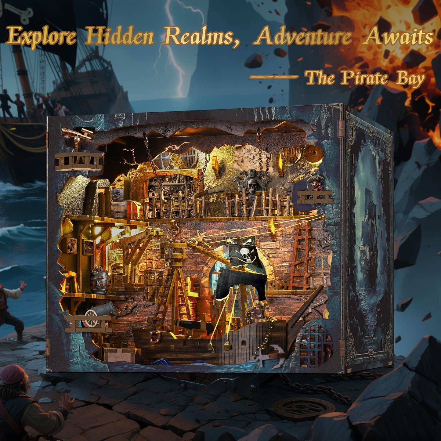 Pirate Book Nook Kit - DIY 3D Wooden Puzzle Miniature House with LED Lights - 400 Pieces - Creative Crafts for Adults - Bookshelf Insert Decor - Educational Gift for Family & Friends