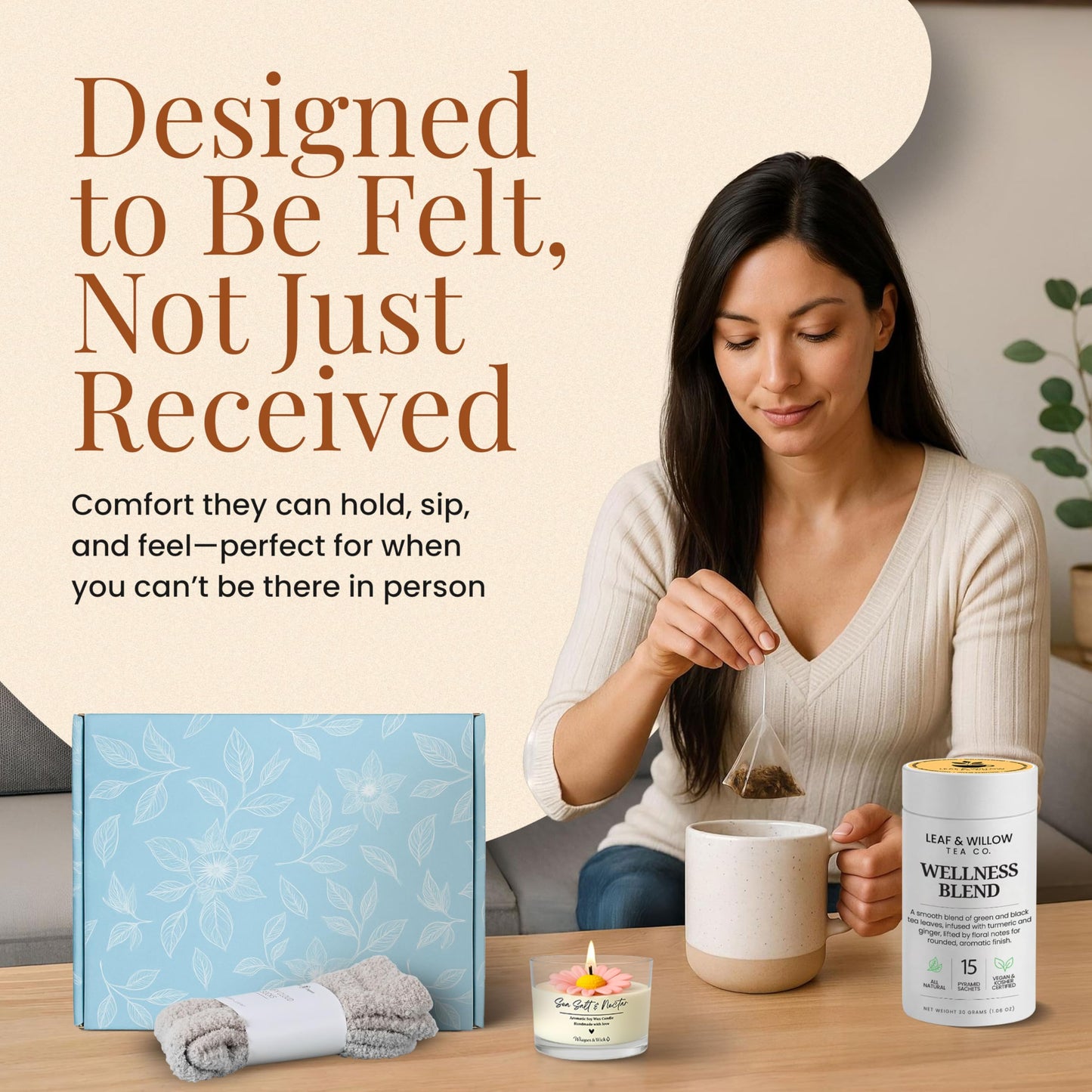 Wellness Tea Care Package for Women – Relaxation & Self-Care Gift Box with Cozy Cloud Socks, Ceramic Mug, Hand-Poured Candle & Sending Hugs Card (Wellness Blend)