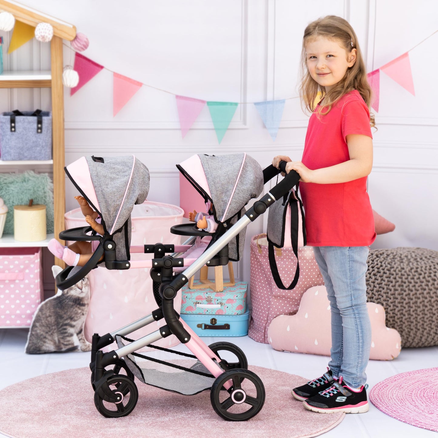 Bayer Twin Doll Pram Neo, Grey, Pink with Butterfly, Jean Look