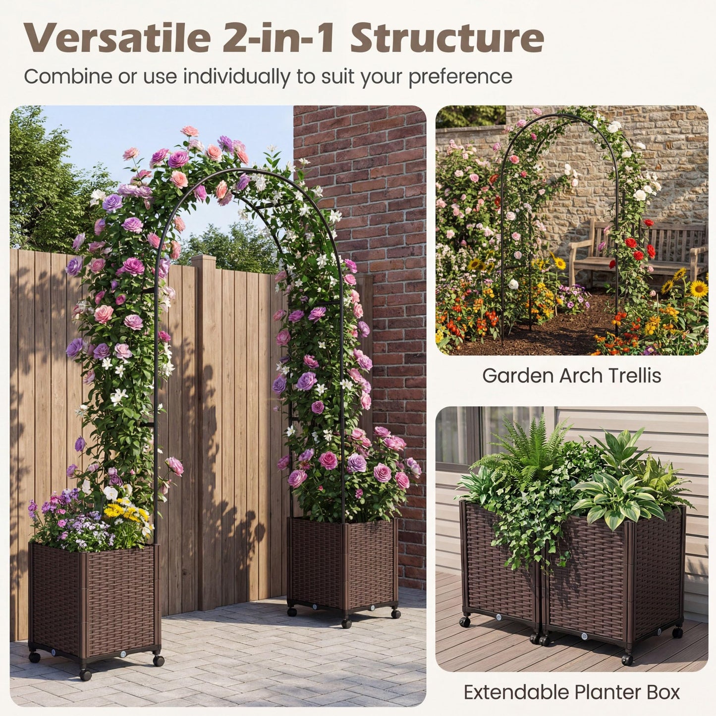 Giantex Metal Garden Arch Trellis Arbor with 2 Self-Watering Planter Boxes, 80" L x 16" W x 91" H PE-Coated Archway with Lockable Rolling Wheels for Climbing Vines, Yard Lawn Party Decorations