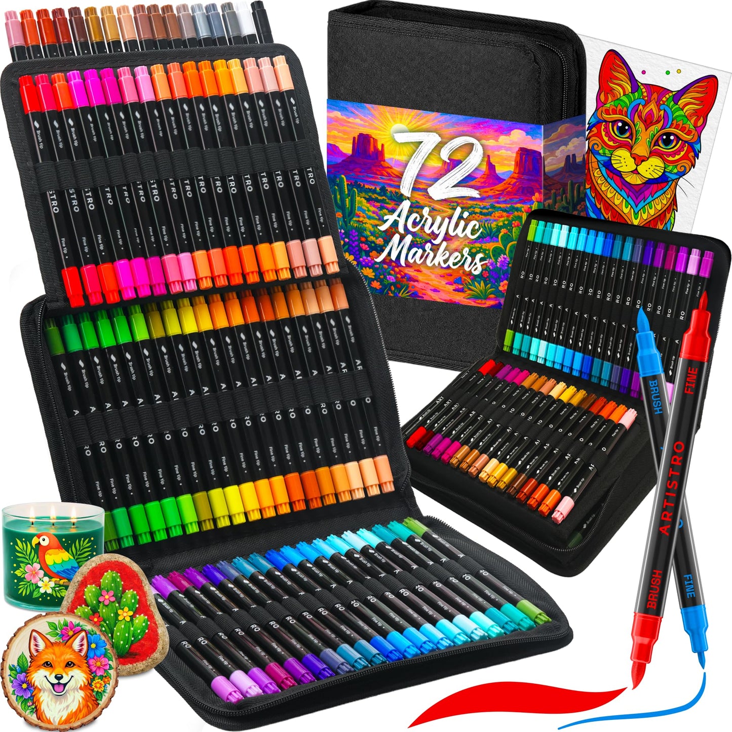 ARTISTRO Acrylic Paint Pens With Storage Bag for Calligraphy - Markers With Brush and Fine Precision Tips - Multisurface Painting for Fabric, Rock, Glass, and More (72 Markers, Dual Tip Brush + Fine)