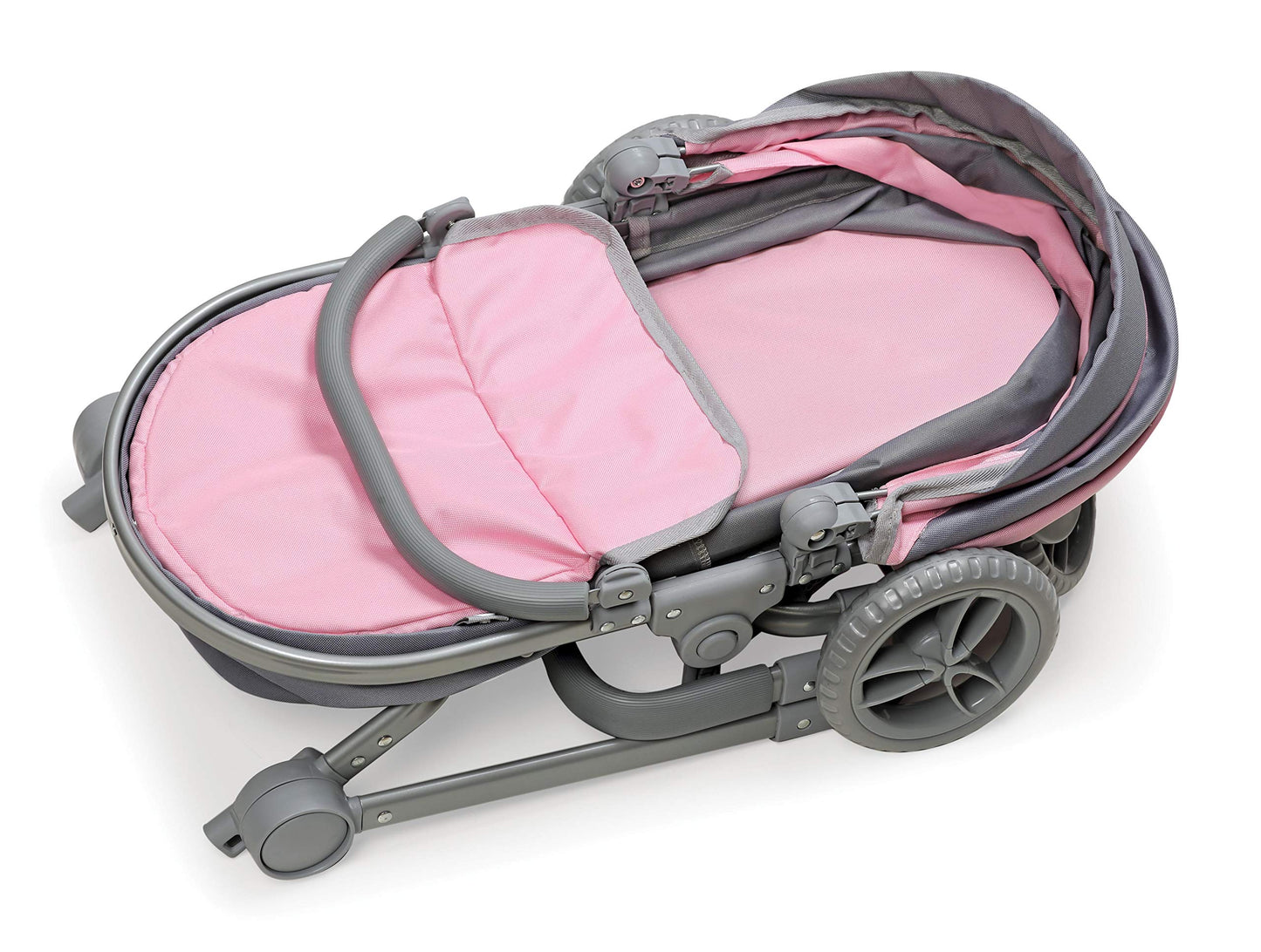 Badger Basket Foldable Doll Stroller & Pram for Dolls - Convertible Toy with Canopy, Basket & Soft Handle - Lightweight, Easy to Use for Girls Ages 3+- Gray/Pink