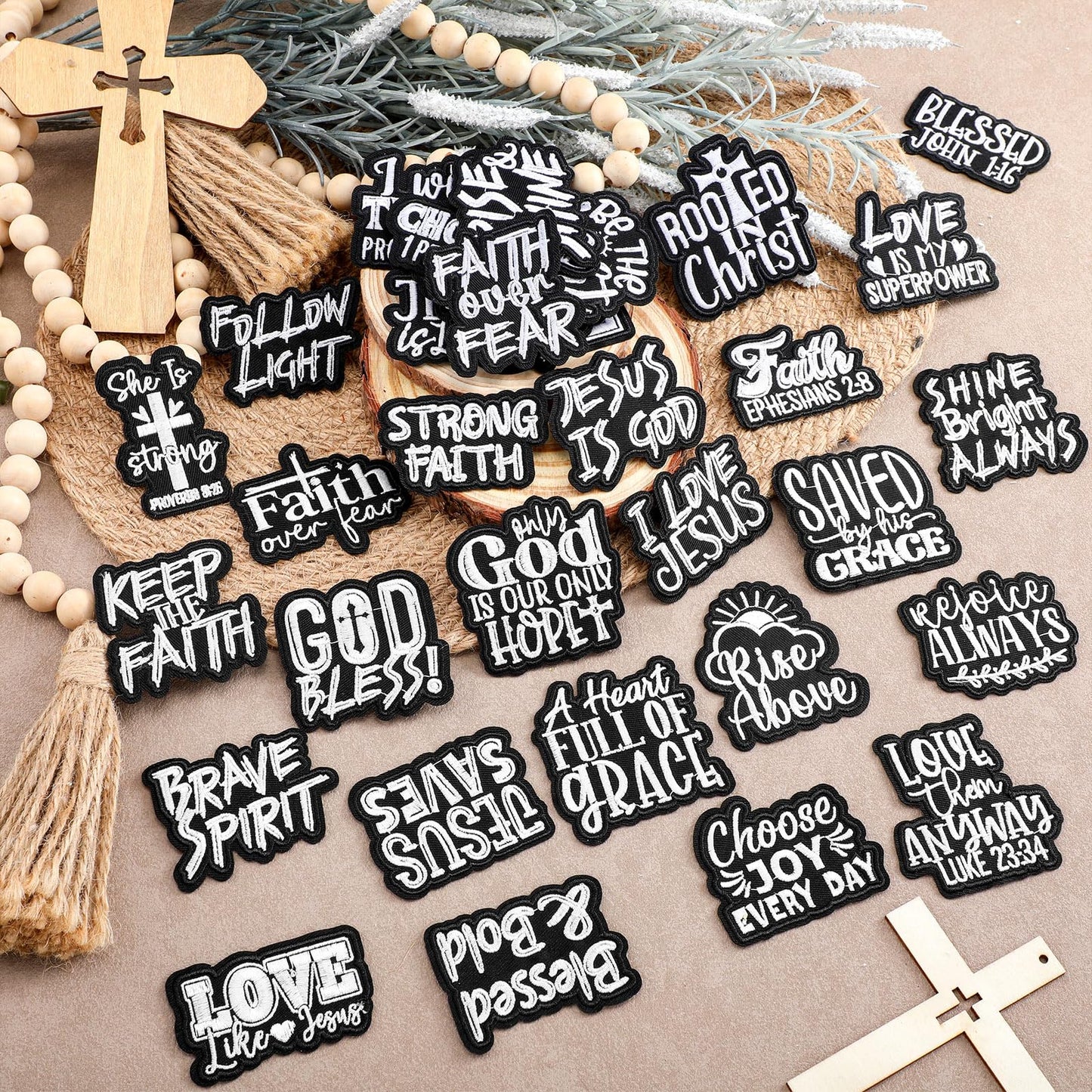 Hahafelt 36 Pcs Black Christian Embroidered Iron on Patches Motivational Bible Verse Religious Sew on Applique Patches for Hat Backpack Jacket Clothes DIY Accessories Decorations