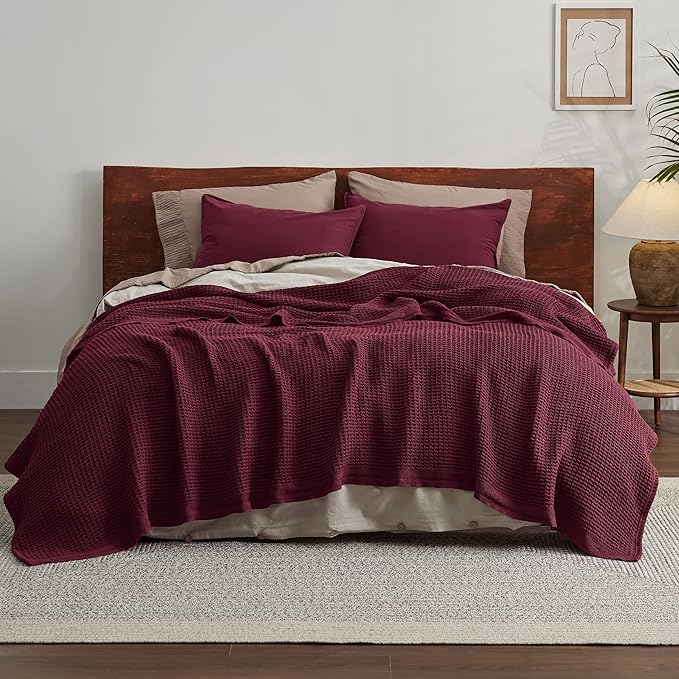 Bedsure 100% Cotton Blanket Twin XL Size for Bed - Breathable and Soft, Waffle Weave Blanket for Summer Spring, Burgundy Red, 66x90 inches
