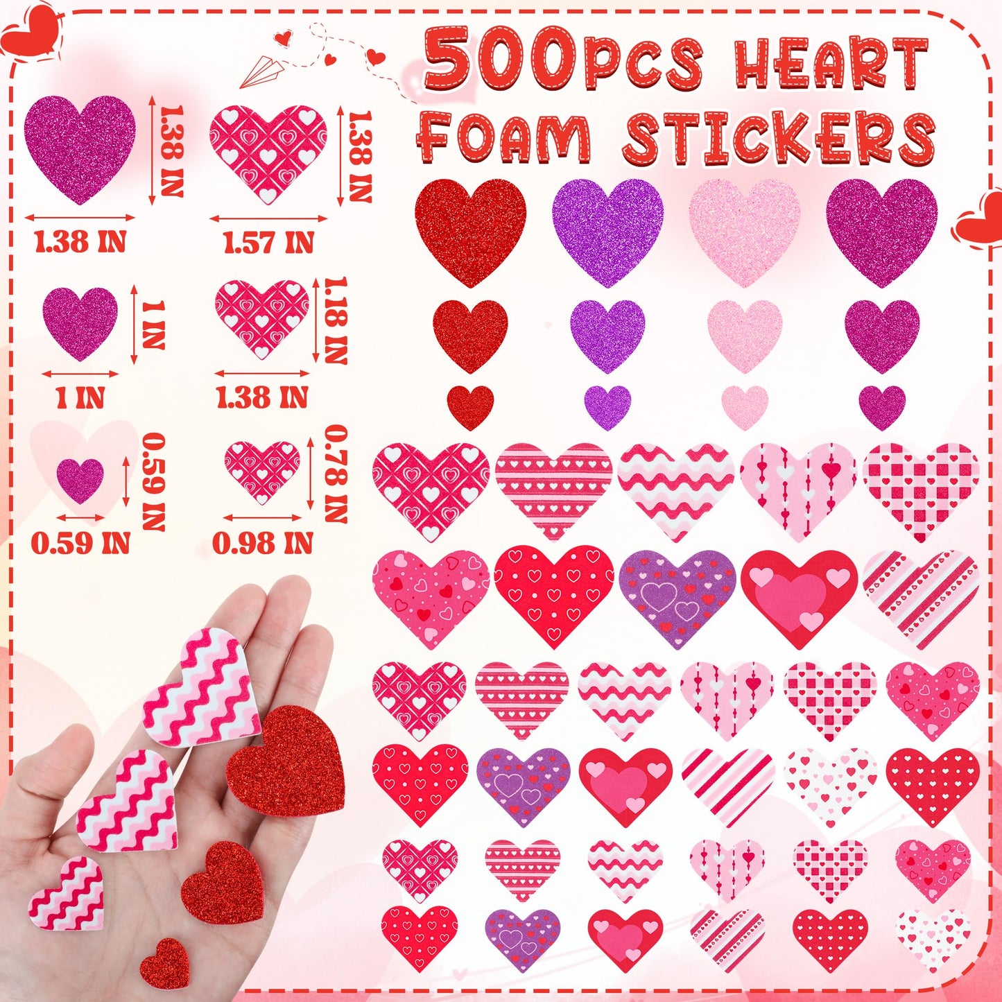 500 PCS Valentines Stickers, Self-Adhesive Foam Heart Stickers for Craft Lovers, 3 Sizes Glitter Polka Dots Stripe Valentines Decor, Bulk Valentine Crafts Red Pink DIY Decor for Frames Presents Cards