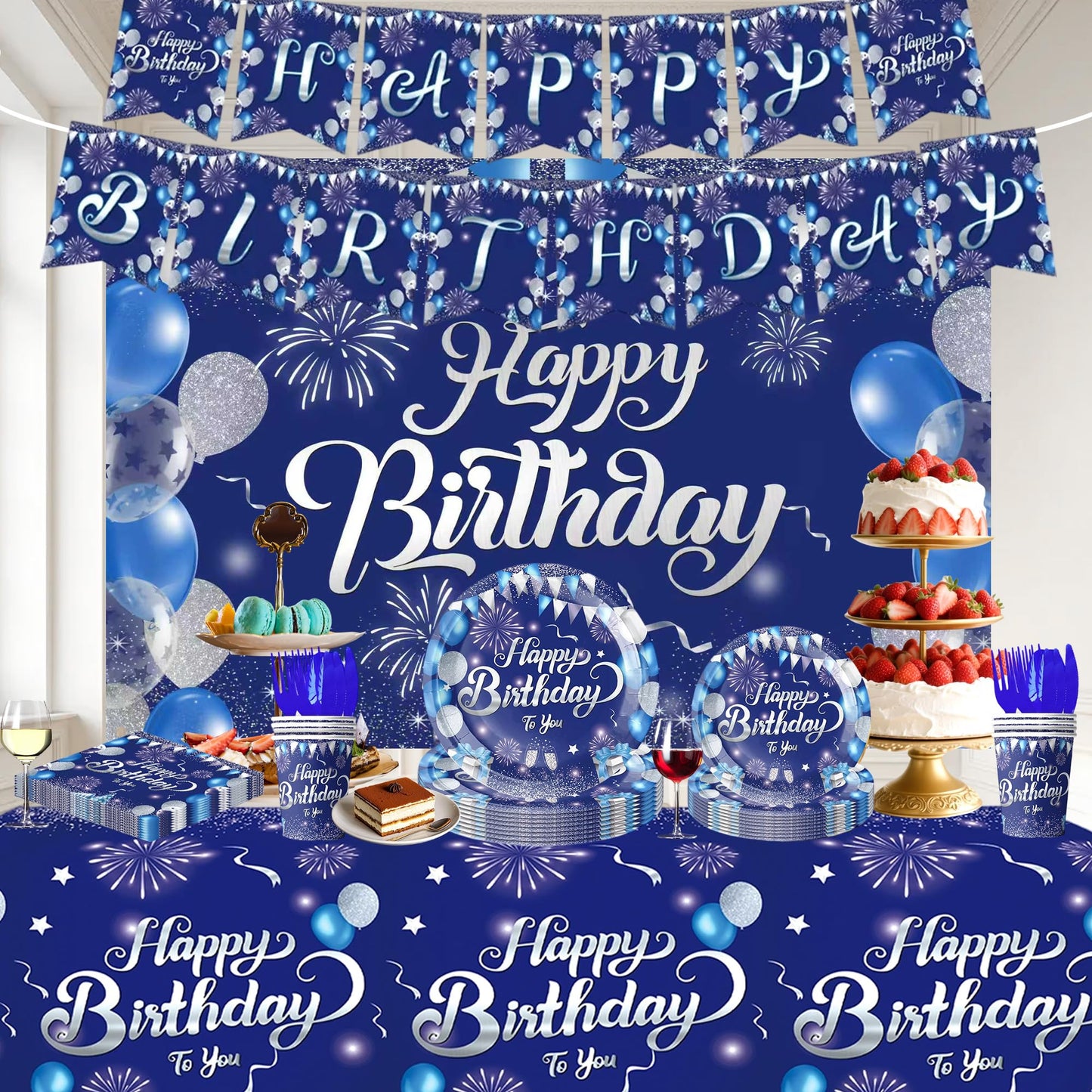 74 Pcs Blue Sliver Happy Birthday Party Supplies Disposable Tableware Set Included Plates, Cutlery, Cups, Napkins, Tablecloth, Banner, Backdrop - Serves 10