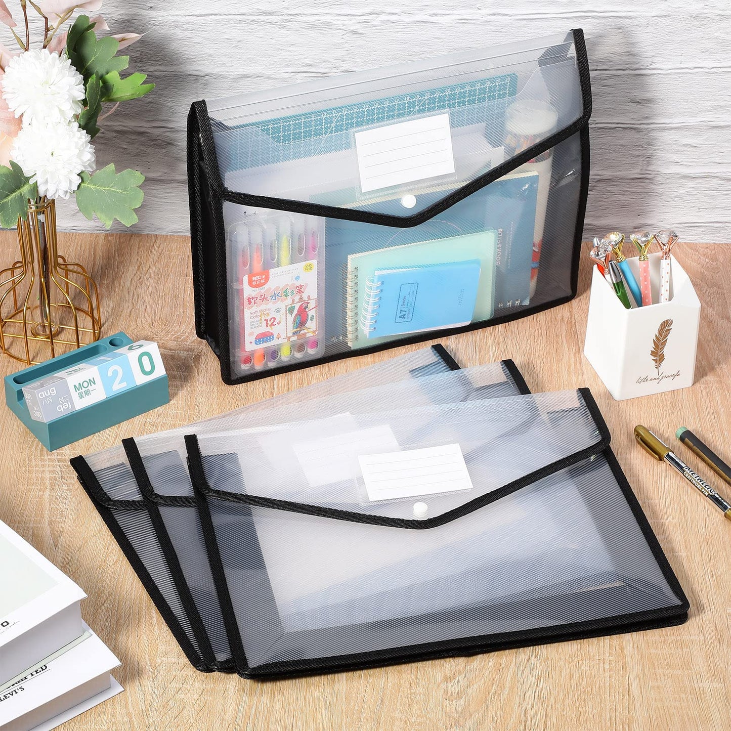 10 Pieces Plastic File Folders Envelope Expanding File Wallet Organizer Documents Folder with Snap Closure and Pocket B4 Waterproof Transparent Pouch for School Office(Black, White,Horizontal)