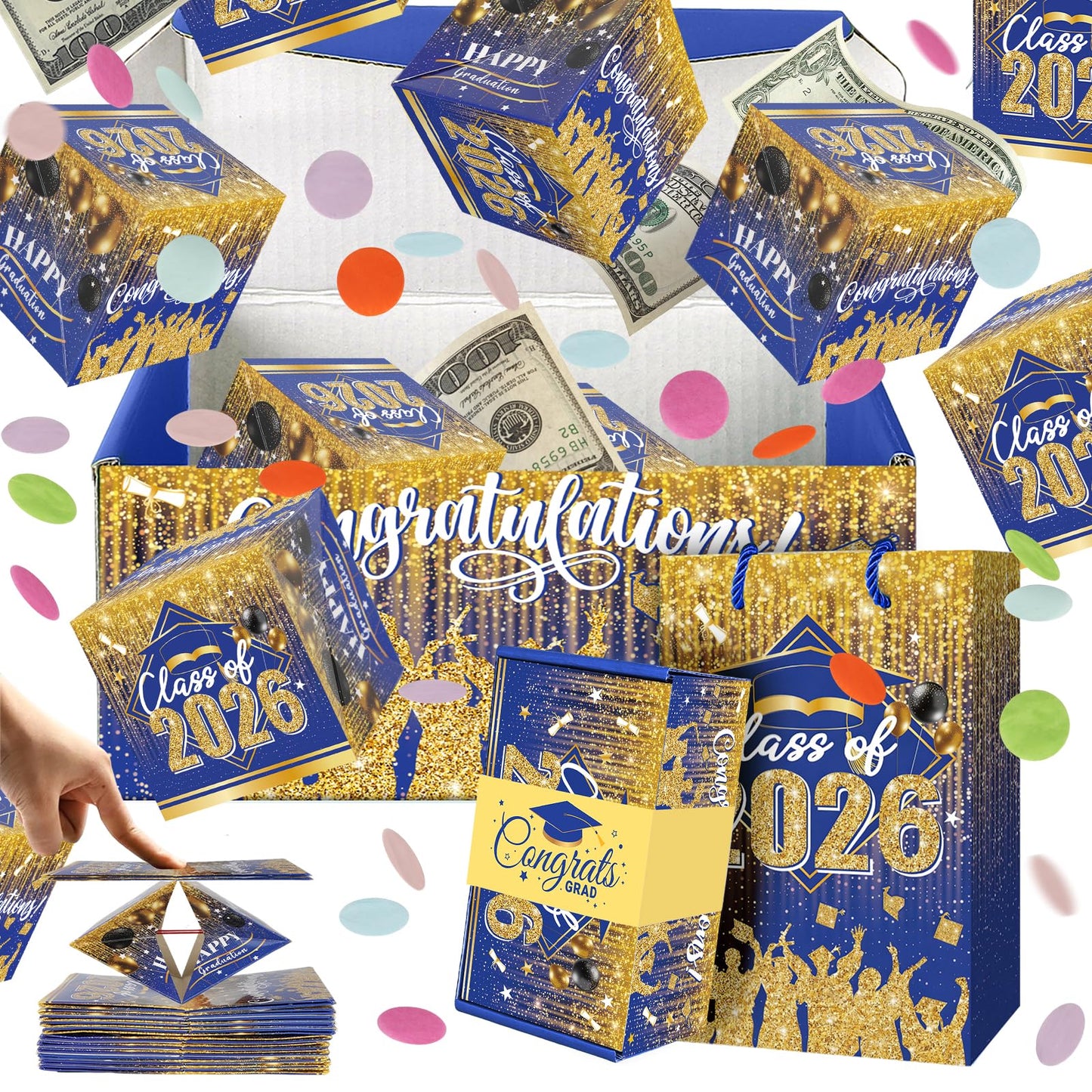 Sereliy Graduation Exploding Money Gift Boxes for Cash, 12 Pack Pop Up Surprise Money Box with Confetti, Blue Gold Graduation Explosion Gift Box for Cash Giving Class of 2026