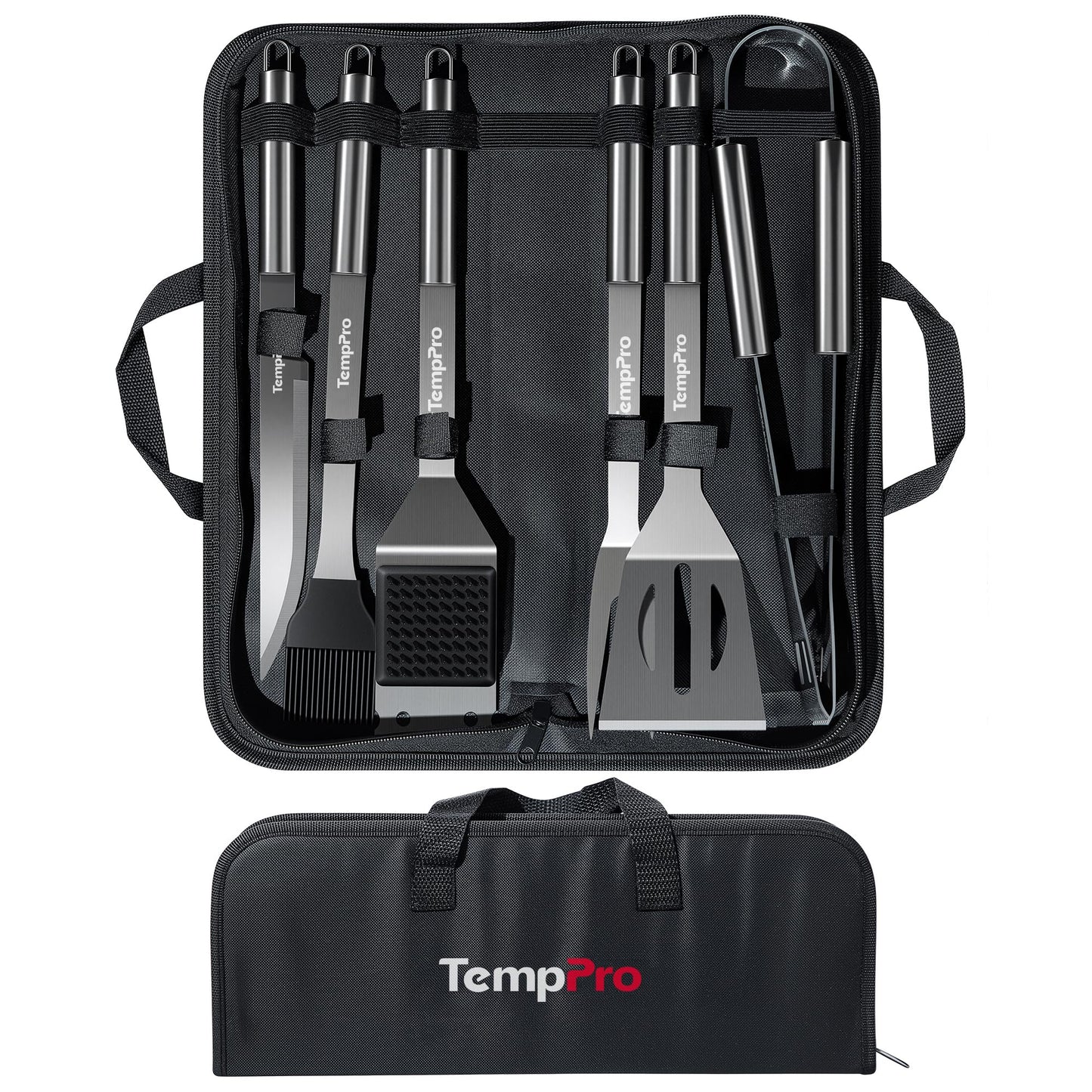 TempPro Grilling Accessories Grill Set with Spatula, Fork, Brush & Tongs, Heavy Duty Stainless Steel Grill Tools for Camping Burger, BBQ Accessories for Men Dad Him (Previously ThermoPro)