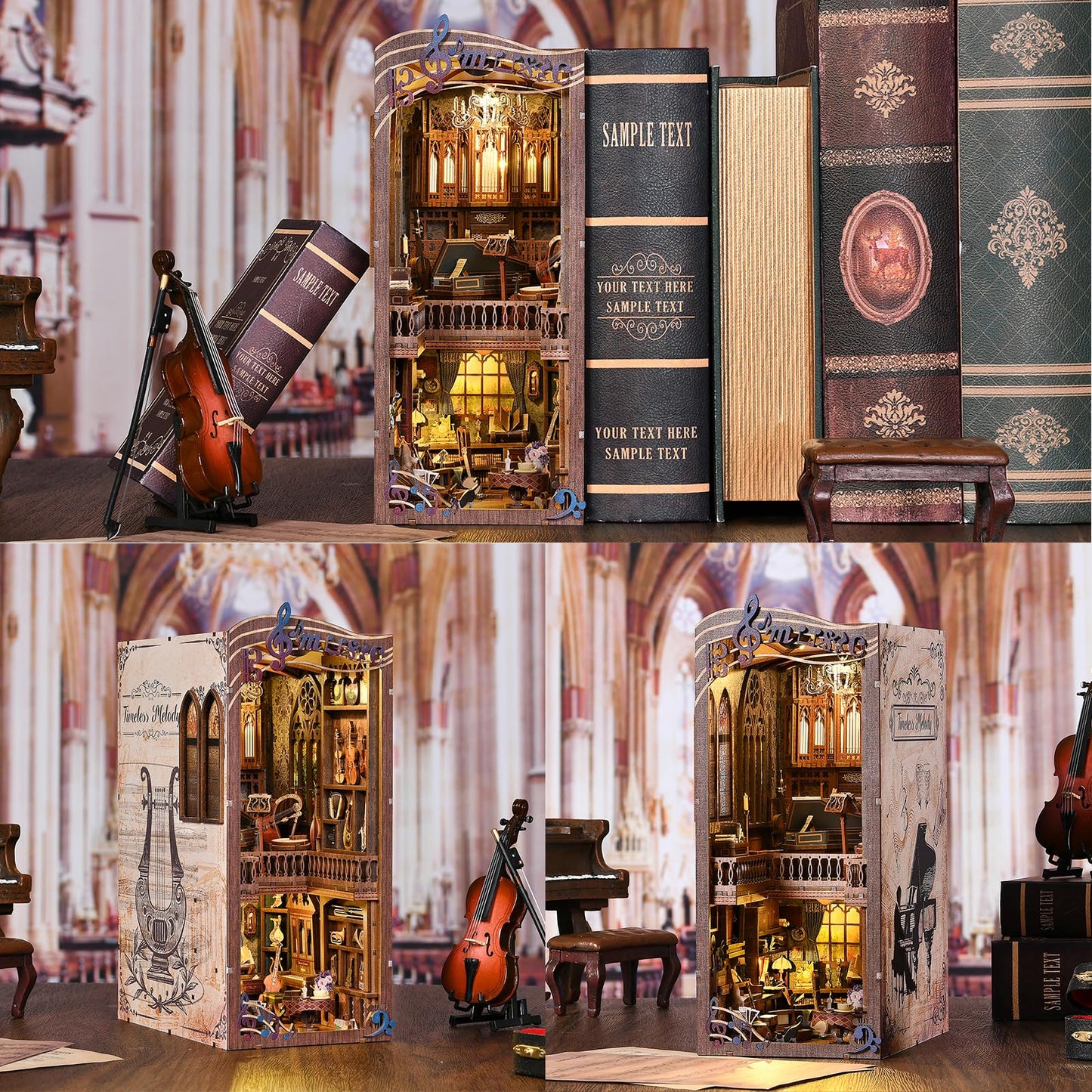 fifijoy Book Nook Kit - Timeless Melody DIY Miniature House Kit, 3D Wooden Puzzle Bookend Bookshelf with LED Light for Adults (Timeless Melody)
