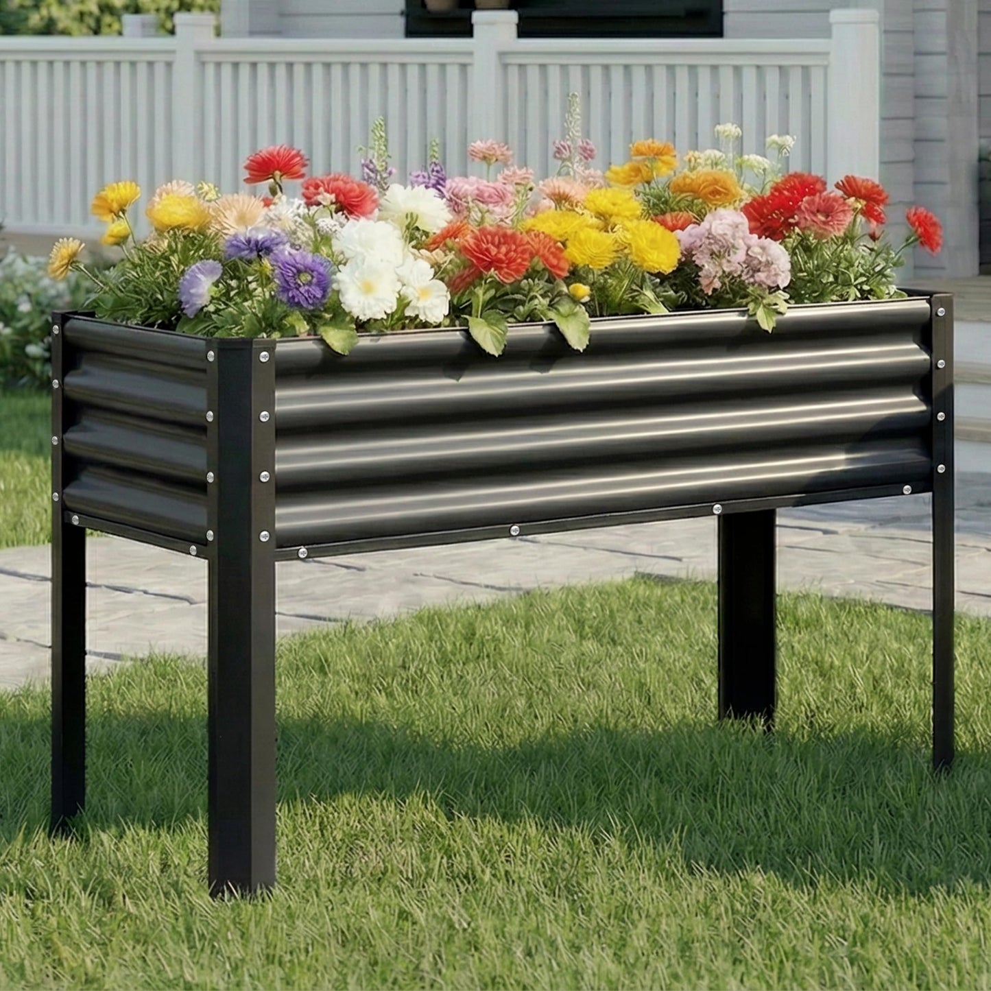 Chuangshuo Guard Galvanized Raised Garden Bed with Legs, 48×24×32in Large Metal Elevated Raised Planter Box with Drainage Holes for Backyard, Patio, Balcony, 400lb Capacity,Black
