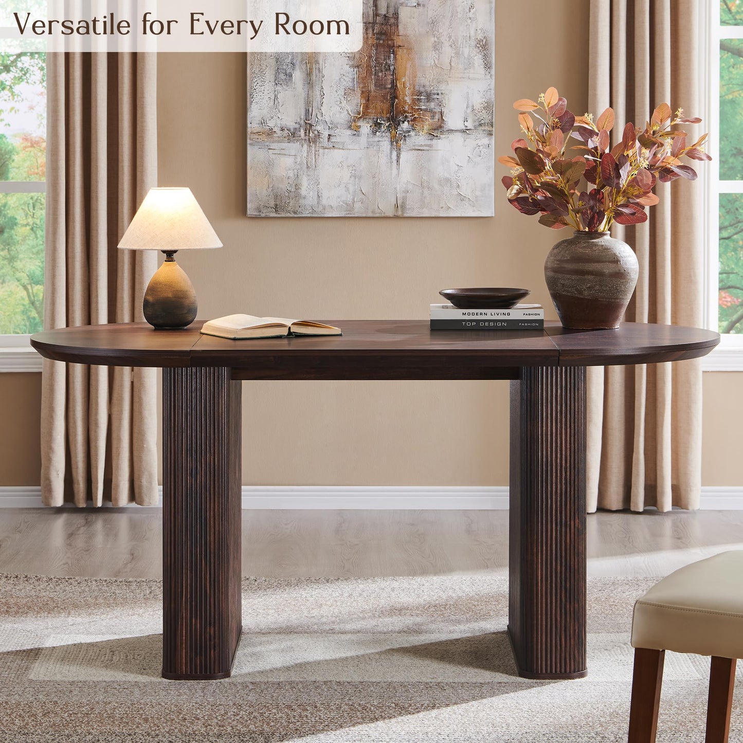 T4TREAM 63" Fluted Oval Dining Table for 4-6, Mid-Century Modern Kitchen Table with Thickened Edge & Strip Pedestal Base, Wood Luxury Table for Dining Room/Kitchen/Home Office, Walnut (Table Only)