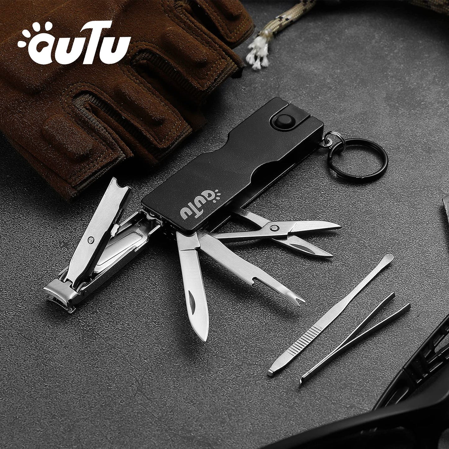 OUTU Keychain Nail Clippers Multitool, 8 in 1 EDC Utility Tool with Nail Clipper, Scissors, Tweezers, Gifts for Him Men Husband Dad Boyfriend (Black)