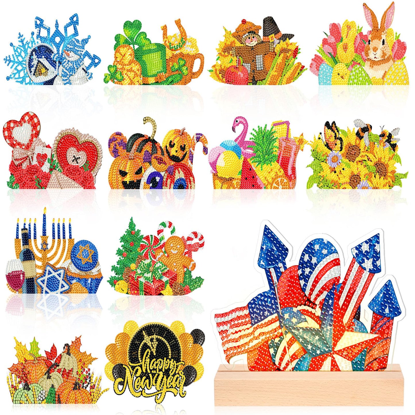 Chunful 13 Pcs Seasonal Diamond Art Tabletop Interchangeable Holiday Diamond Art Painting Kit with Wooden Light Base for 4th of July Summer Table Tiered Tray Home Office Tabletop Centerpiece Decor