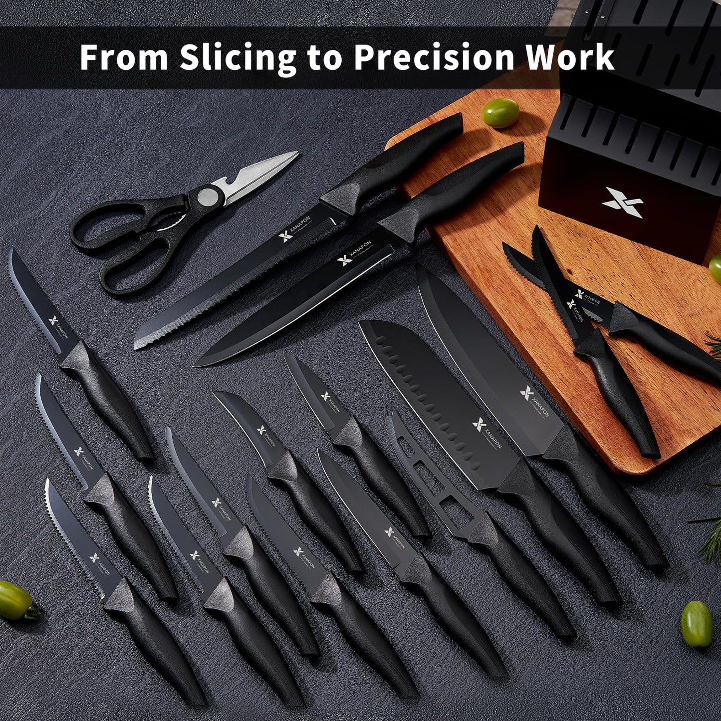 XANAPON 19-Piece Black Kitchen Knife Set with Block and Built-in Sharpener, High Carbon Stainless Steel Chef Knives Set for Kitchen with 8 Steak Knives, Ergonomic Handles, Perfect Housewarming Gift