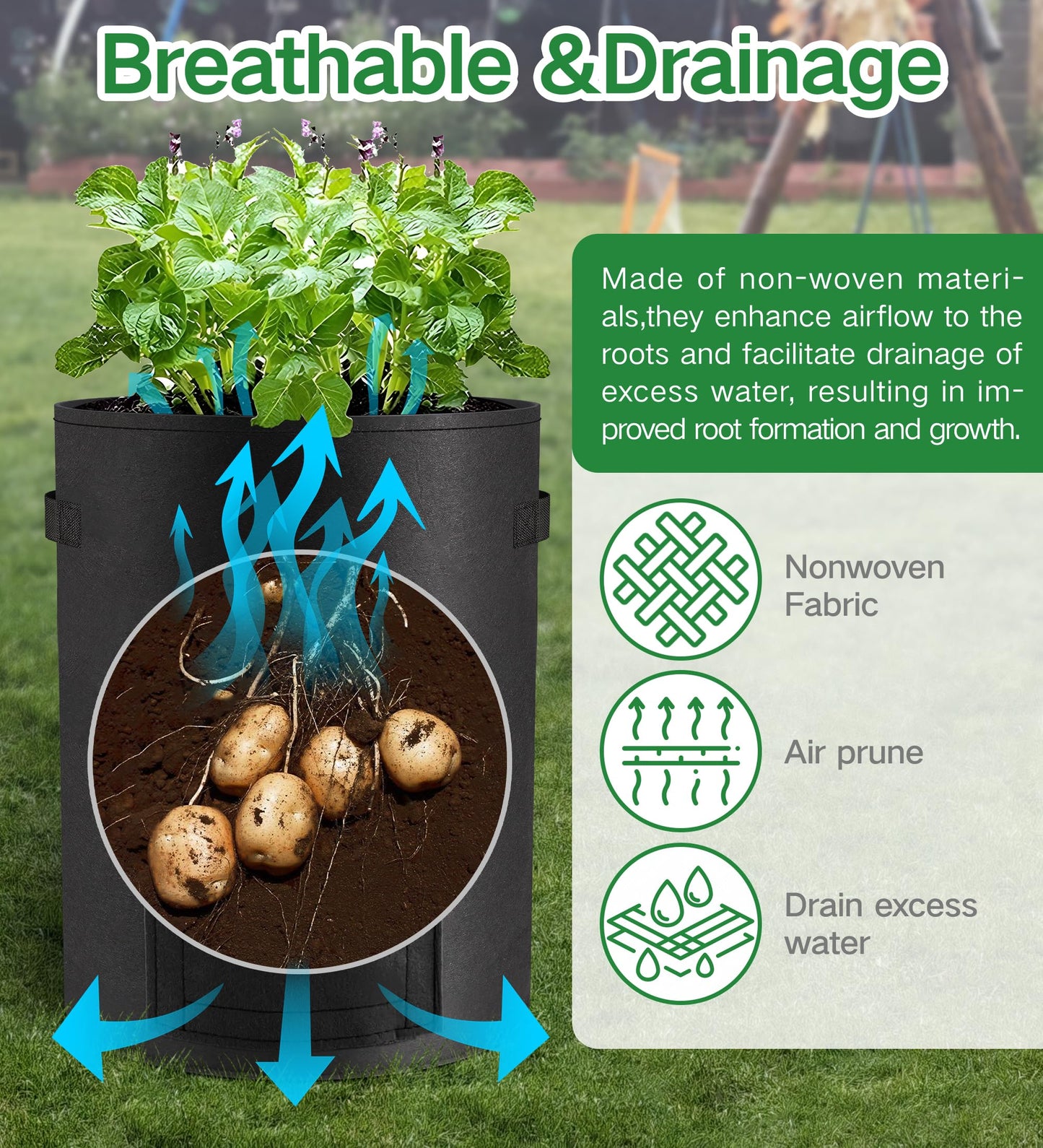 Moyios 6-Pack 10 Gallon Potato Grow Bags – Durable Nonwoven Fabric Planters with Reinforced Handles | Reusable Garden Containers for Potatoes, Vegetables (Black, 10 Gallons/6 Pack)