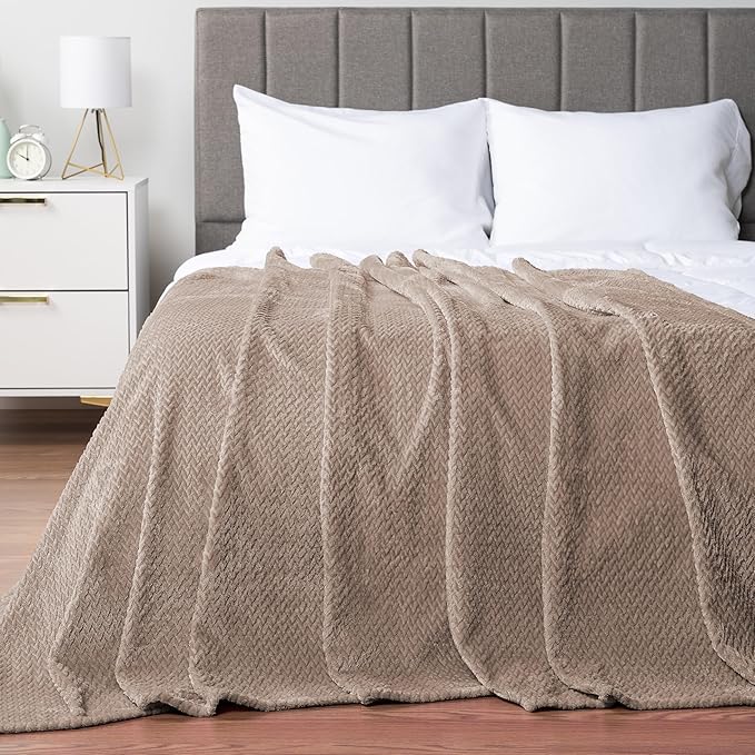 PAVILIA Soft Fleece Taupe Tan Throw Blanket for Couch, Lightweight Plush Warm Blankets for Bed, Fuzzy Cozy Flannel Blanket Throw for Sofa, Travel, Jacquard Pattern, Taupe/Camel, Twin, 60x80 inch