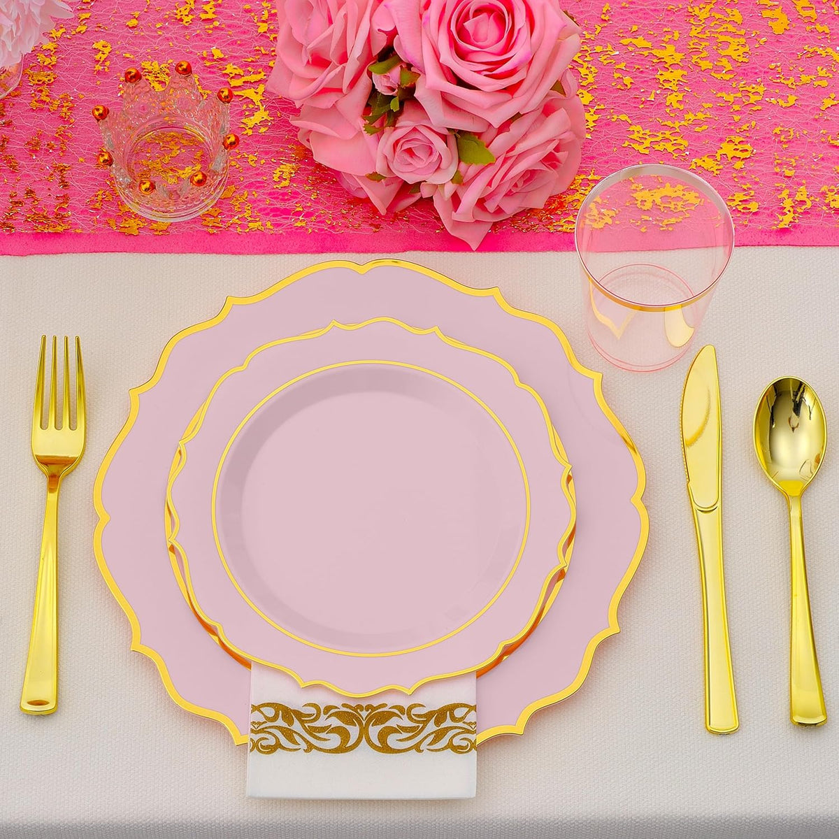 175 PCS Pink Plastic Plates for 25 Guests, Pink and Gold Disposable Dinnerware Set for Party Wedding Include 25 Dinner & 25 Dessert Plates, Spoons, Forks, Knives, Cups, 25 Napkins