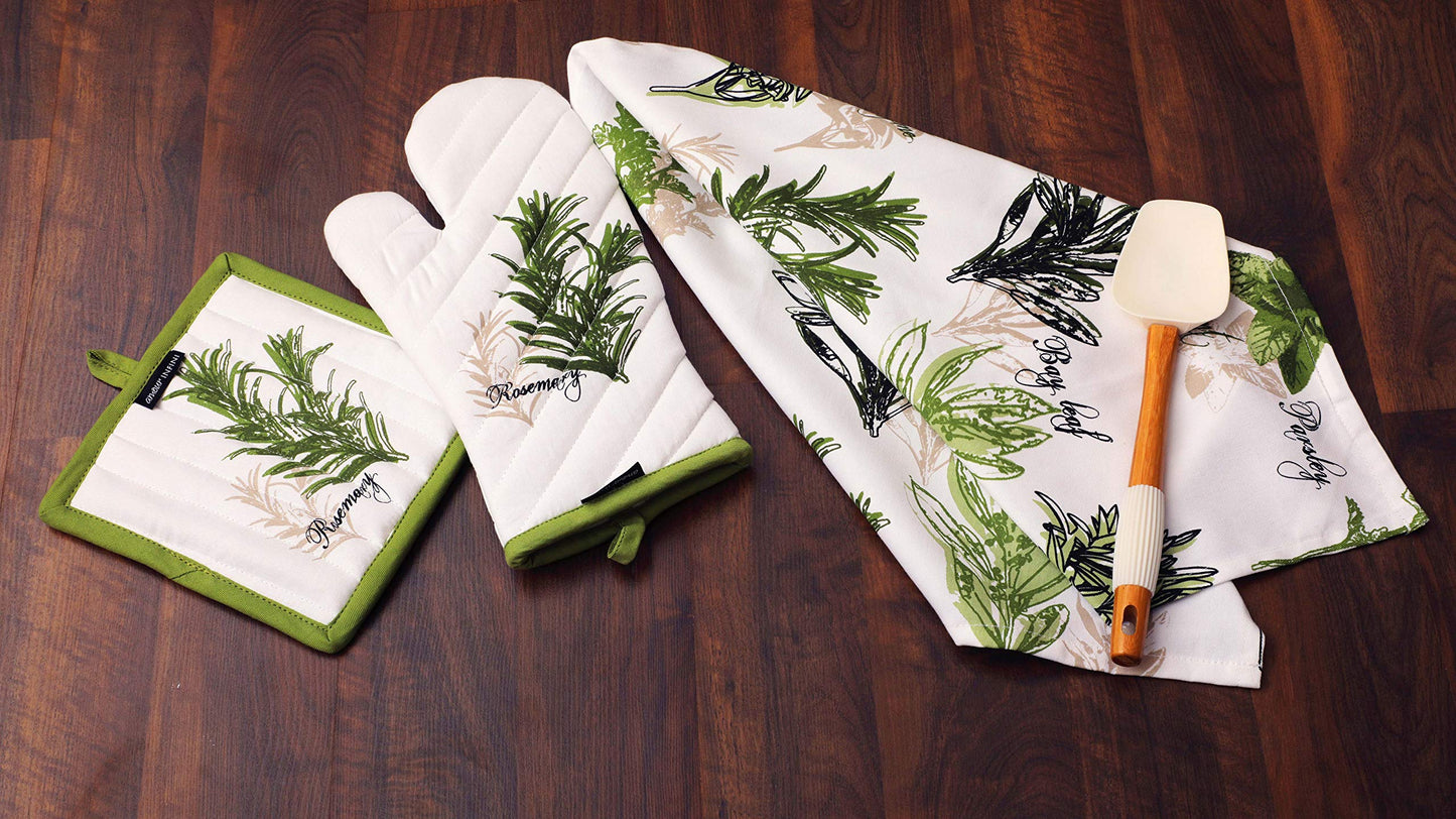 AMOUR INFINI Cotton 5 Piece Set of Apron, 2 Kitchen Towel, Oven Mitt and Pot Holder Heat Resistant Washable Kitchen Set For Cooking, Baking Gift Set