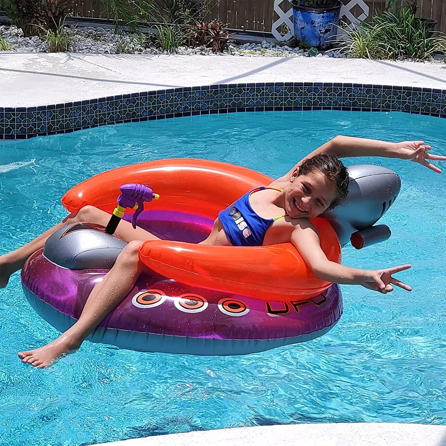 SWIMLINE ORIGINAL Inflatable UFO Spaceship Pool Float Ride On With Fun Constant Flow Laser Ray Gun Water Squirter For Kids | Cool Retro Style | For Beach Ocean Pool Lake | Extra Thick Large Floatie