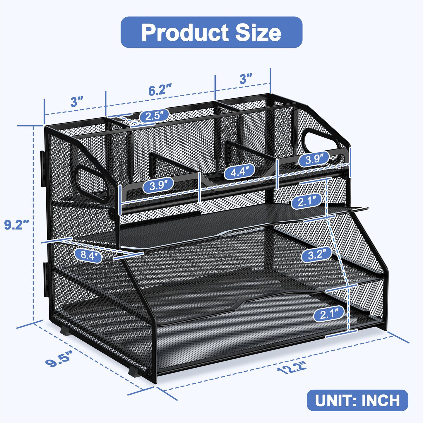 NextFile 4 Tier Desk Orgnizers and Accessories, Metal Magazine File Holder with Pencil Holder and Handles, Space Saving Desktop Storage for School Office Supplies(Black)