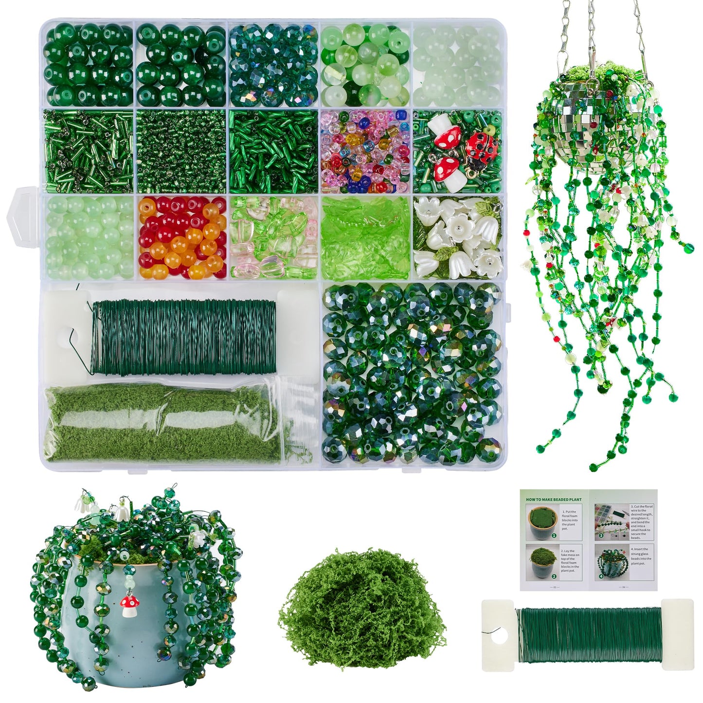 Green Glass Beaded Plant Kit, Forever Plant Beaded Leaf Flower Beads for Succulent Plant Jewelry Making and DIY Crafts
