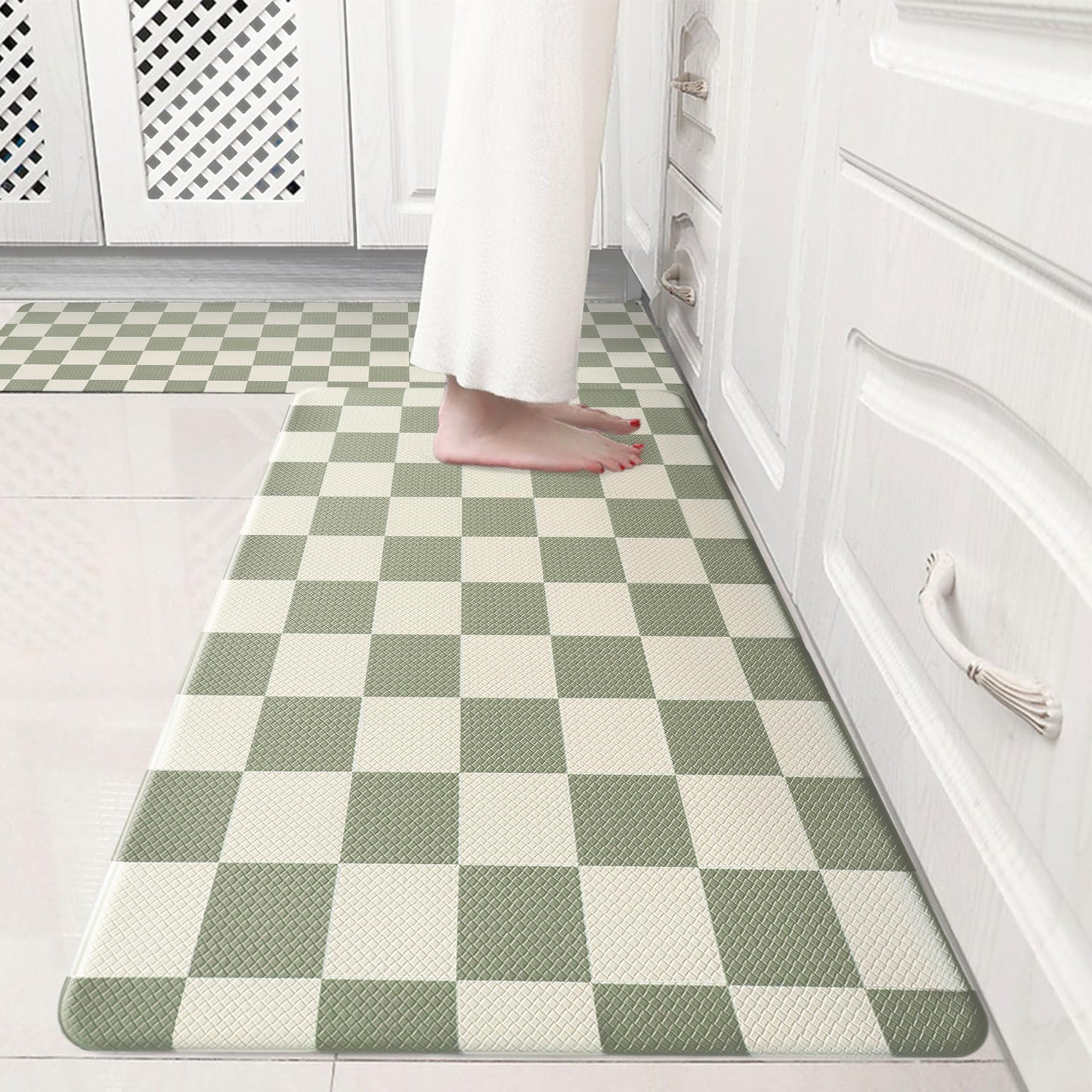 VivaNest Beige Sage Checkered Grid Checkerboard Kitchen Rug Sets [2 PCs], Anti-Fatigue, Waterproof Non-Slip Kitchen Mats Heavy Duty Comfort Foam Rug for Kitchen, Floor, Laundry,17"x29"+17"x47"