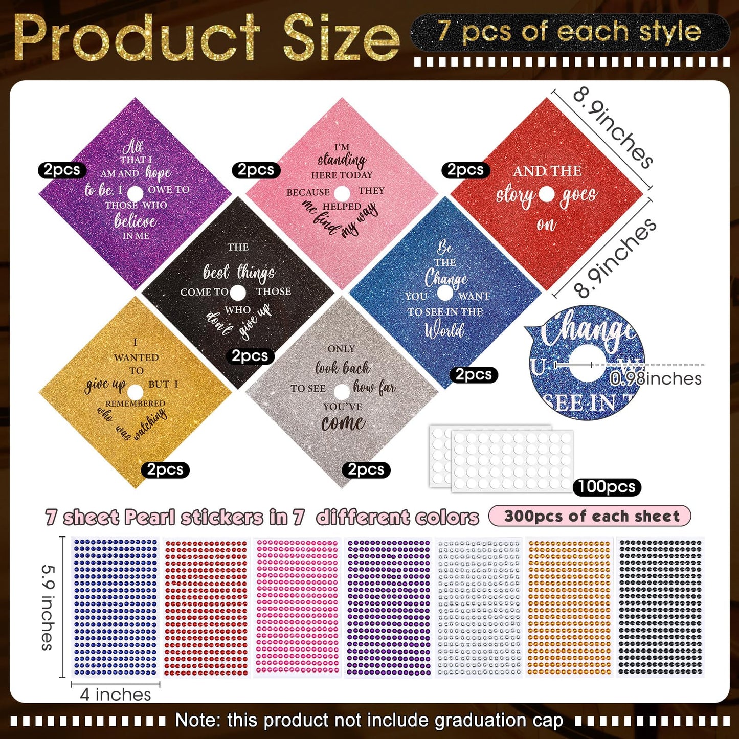 Gersoniel 14 Pcs DIY Photo Graduation Cap Topper Decorations with 7 Sheet Pearl Stickers 2026 Personalized Glitter Printed Design Inspirational Cap Topper Decal for Graduation Craft Accessories Decor
