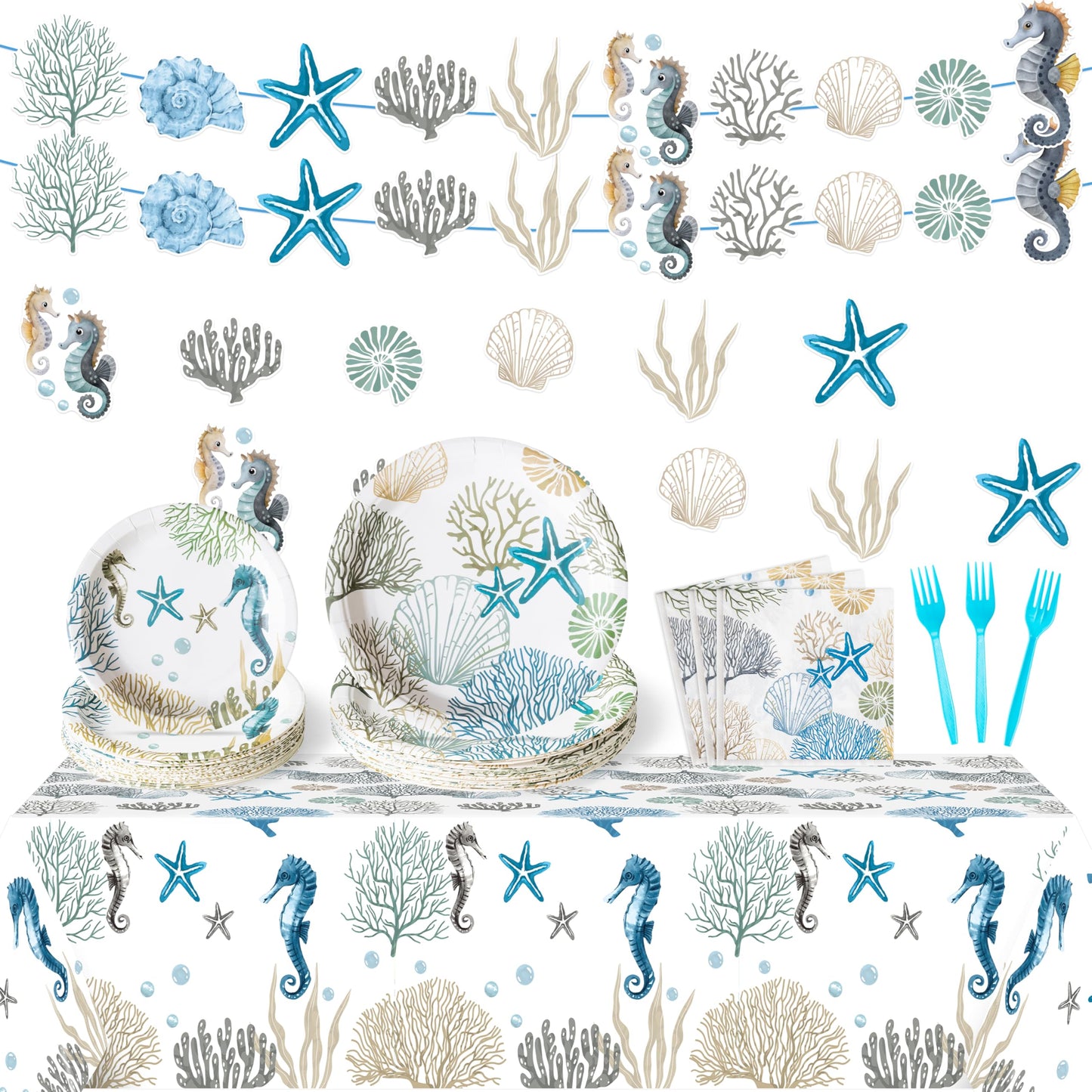 G1ngtar Ocean Seashell Party Decoration Set - Serves 24- 112Pcs Nautical Coastal Beach Summer Themed Tableware Disposable Plate Napkin Tablecloth Banner Card for Birthday Party Supplies