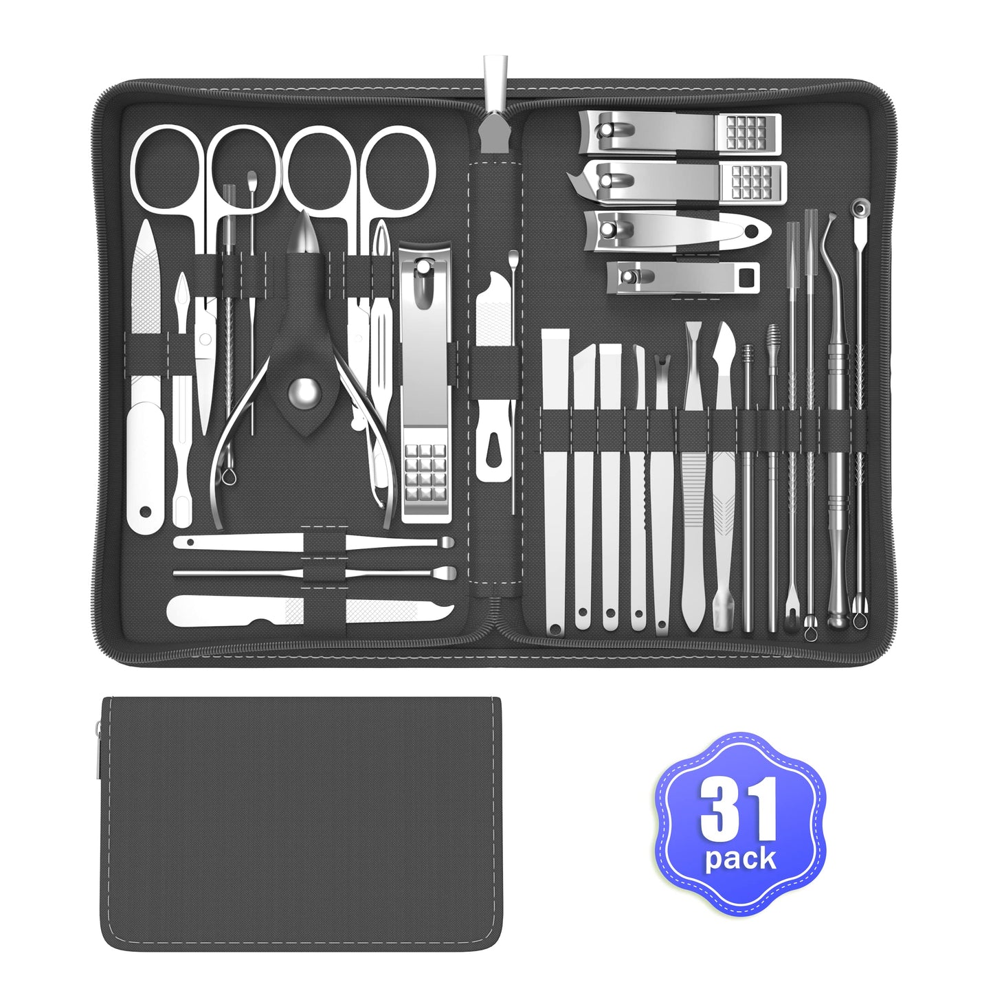 Cater Manicure Nail Clippers Kit - 31Pc Stainless Steel Nail Grooming Set with Luxurious Travel Case (Black)