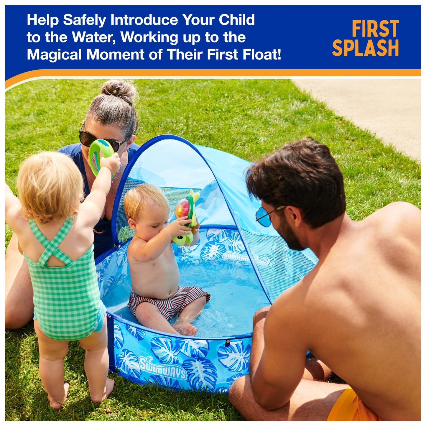Swimways Elite Pop-Up Above Ground Pool, Baby Pool with Canopy & Carrying Case, Foldable Kiddie Pool for Ages 9-24 Months, Measures 32", Blue