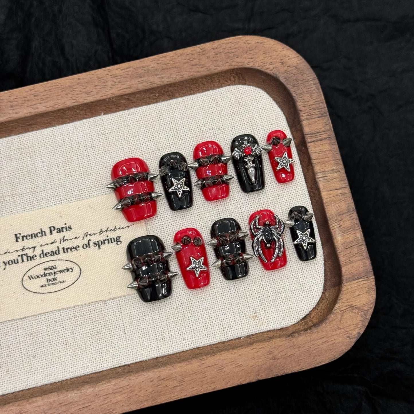 NLSJMP 3D handmade Gel nails press on false nails short square red black rivet y2k star spider cute acrylic Reusable fake nails designed kit,10 Nails Size S #3083