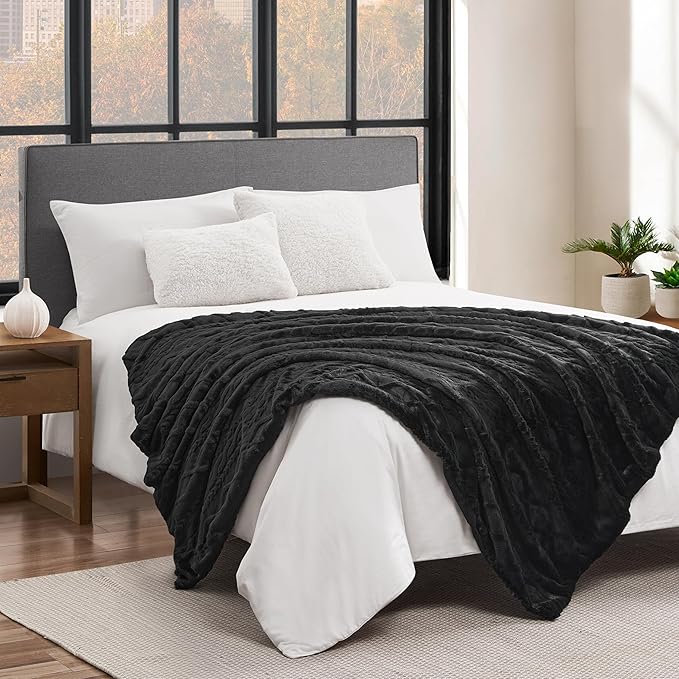 Lucky Brand Embossed Cable Rabbit Faux Fur Throw Blanket - Black - 50"X70" - Plush & Soft