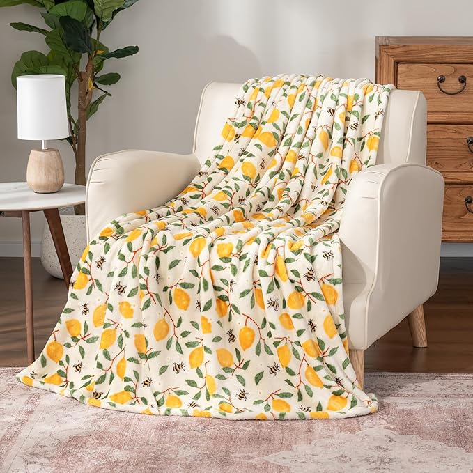 Berkshire Blanket-Classic Heavyweight Soft Printed VelvetLoft® Plush Throw Blanket, Cozy and Fuzzy, Lemons and Bees Yellow, 50in x 70in