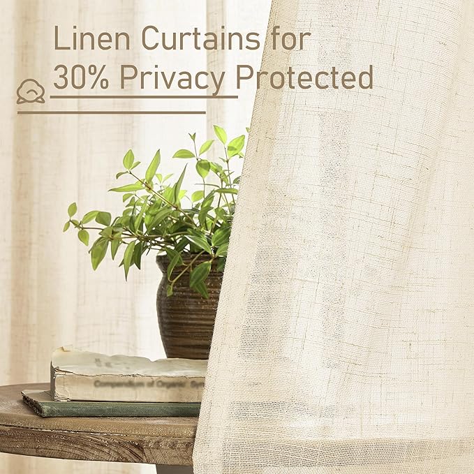 LAMIT Natural Linen Curtains 120 Inch for Living Room, Back Tab and Rod Pocket Linen Textured Sheer Curtains Light Filtering Drapes for Farmhouse/Bedroom, 2 Panels, 52 x 120 Inch, Beige