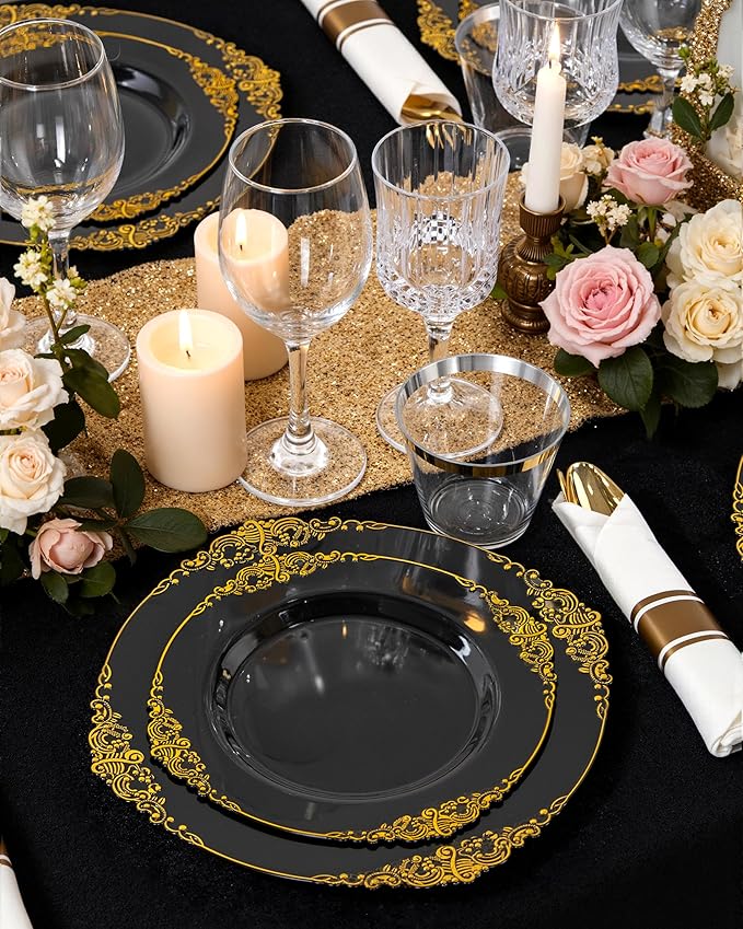 Nervure 100PCS Black and Gold Plastic Plates - 10.25Inch Black Disposable Plates - Black Plastic Dinner Plates for Wedding & Party
