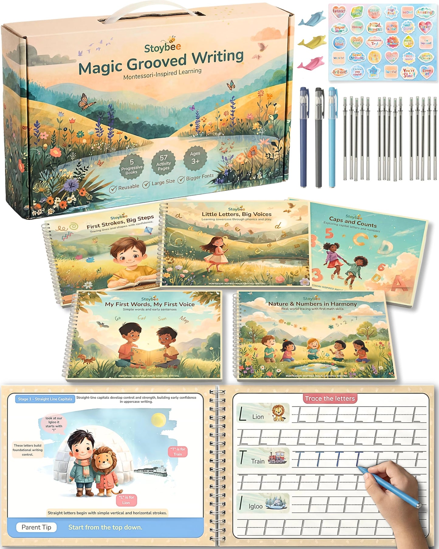 Stoybee Magic Grooved Writing Practice for kids | Deep Grooved Handwriting Practice for Kids Ages 3-7 | Large Pages, Big Letters, Reusable, 15 Refills | Montessori Groove writing Preschool Workbook