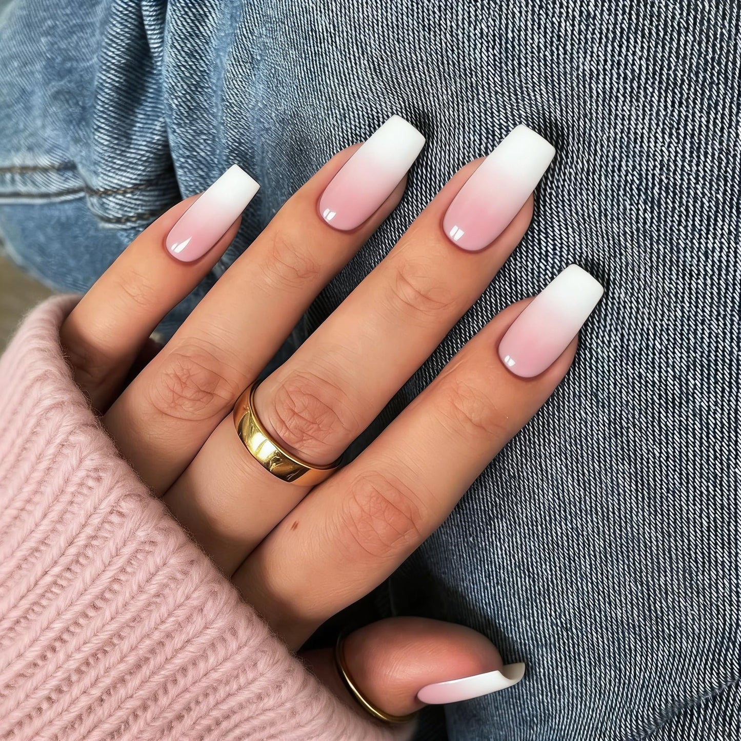 KQueenest Ombre Pink Press on Nails Long Medium Square, Gradient White French Fake Nails Medium Coffin, Glossy Acrylic Nails Press ons, Reusable Soft Gel Glue on Nails for Women Summer