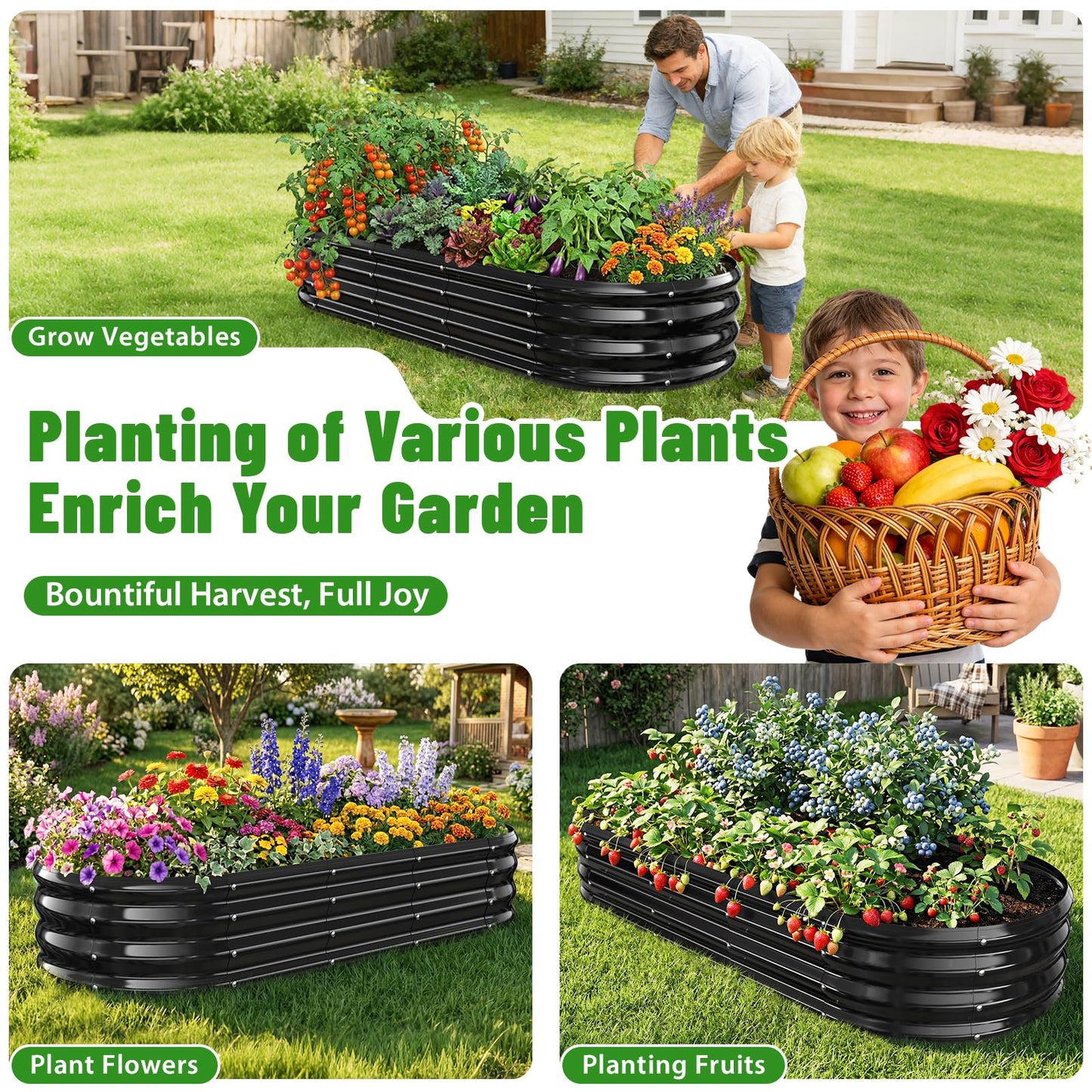 VAMFUTRE Oval Raised Garden Bed, 5 x 2 x 1FT, Galvanized Steel Planter Box with Wave-Shaped Metal Panels Painted for Outdoor Flower,Tree,Herb & Vegetable Garden (Black, 60X24X12 inches)