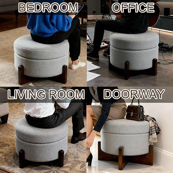 modscape 24-Inch Large Round Chenille Storage Ottoman Coffee Table Upholstered Velent Ottoman Table for Living Room Soft Tufted Circle Boucle Ottoman with Lift-Off Lid X-Base (Gray, 24in-X-Base)