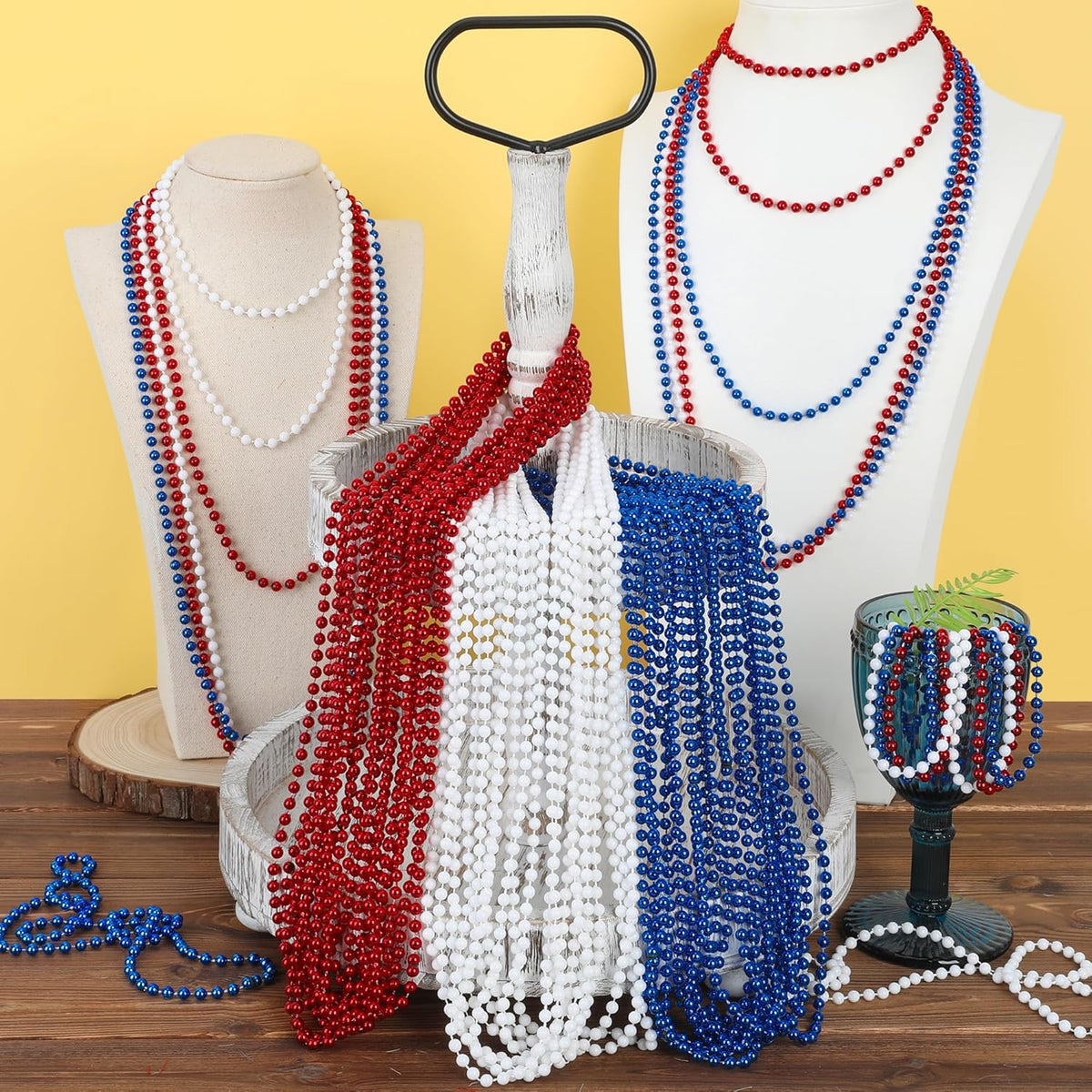 4th of July Accessories, 15PCS Patriotic Necklaces, Red White Blue, Unisex Adults, Classic Style, 33 Inch Chain, PVC Plastic, Perfect for 4th of July, Memorial Day, Veterans Day