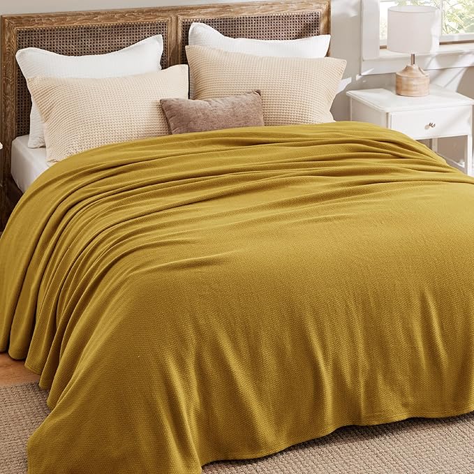 Bedsure 100% Cotton Blanket King Size for Bed - Breathable and Lightweight, Soft Cozy Textured Herringbone Woven Blanket for Summer Spring, Yellow, 108x90 inches