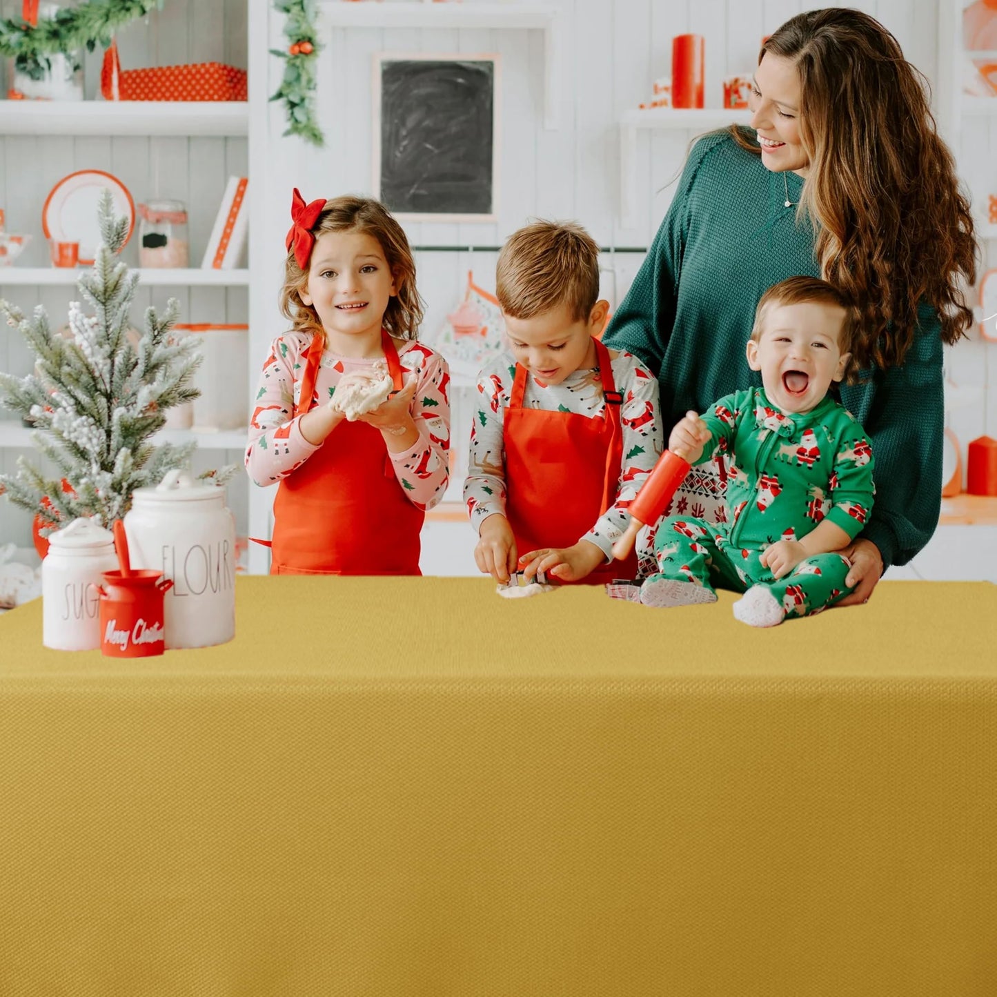 Biscaynebay Textured Fabric Christmas Rectangle Tablecloths 60x84 Inches, Gold Water Resistant Tablecloths for Dining, Kitchen, Wedding, Parties etc. Machine Washable