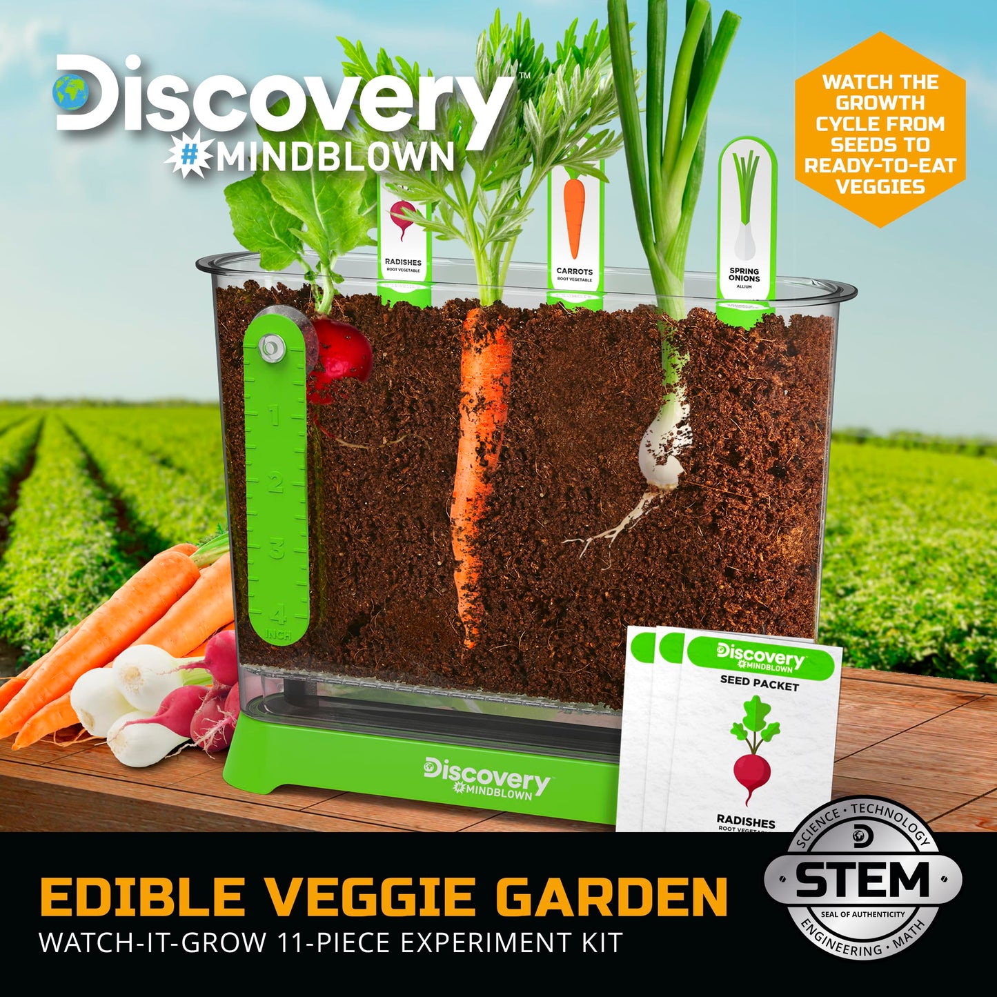 Discovery™ Edible Veggie Garden Watch-It-Grow Kit – DIY STEM Activity for Kids | Grow Carrots, Radishes & Onions| 11-Piece Science Kit with Seeds, Potting Mix & Root Tracker| Learning Toy Gift Ages 6+