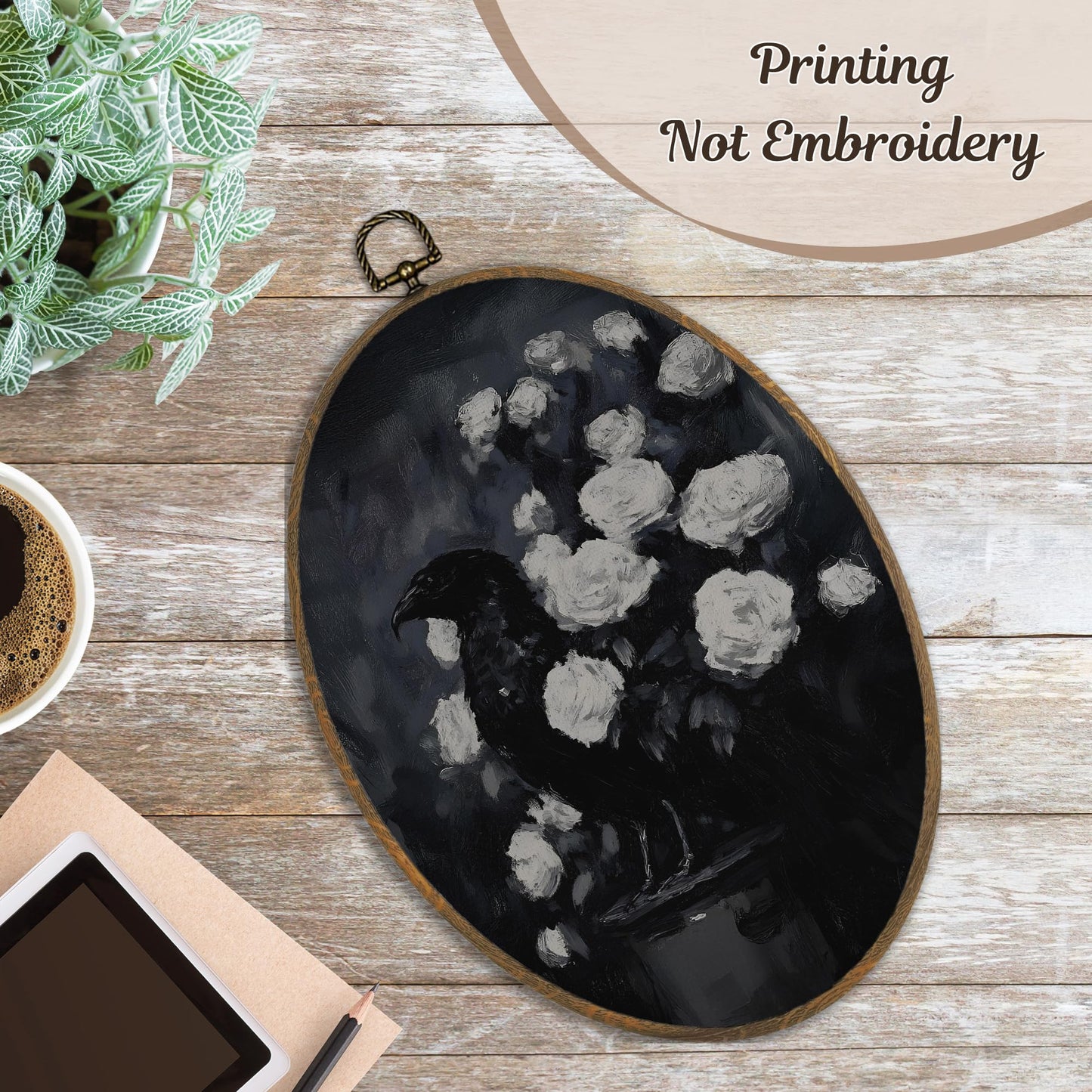 LKETW Dark Gothic Black Raven Oval Wall Art Decor, Dark Academia Black Crow Rose Floral Oval Canvas Hanging Decor, Gothic Goth Wall Decorations for Home Bedroom Living Room, 8.6x11.4 Inch
